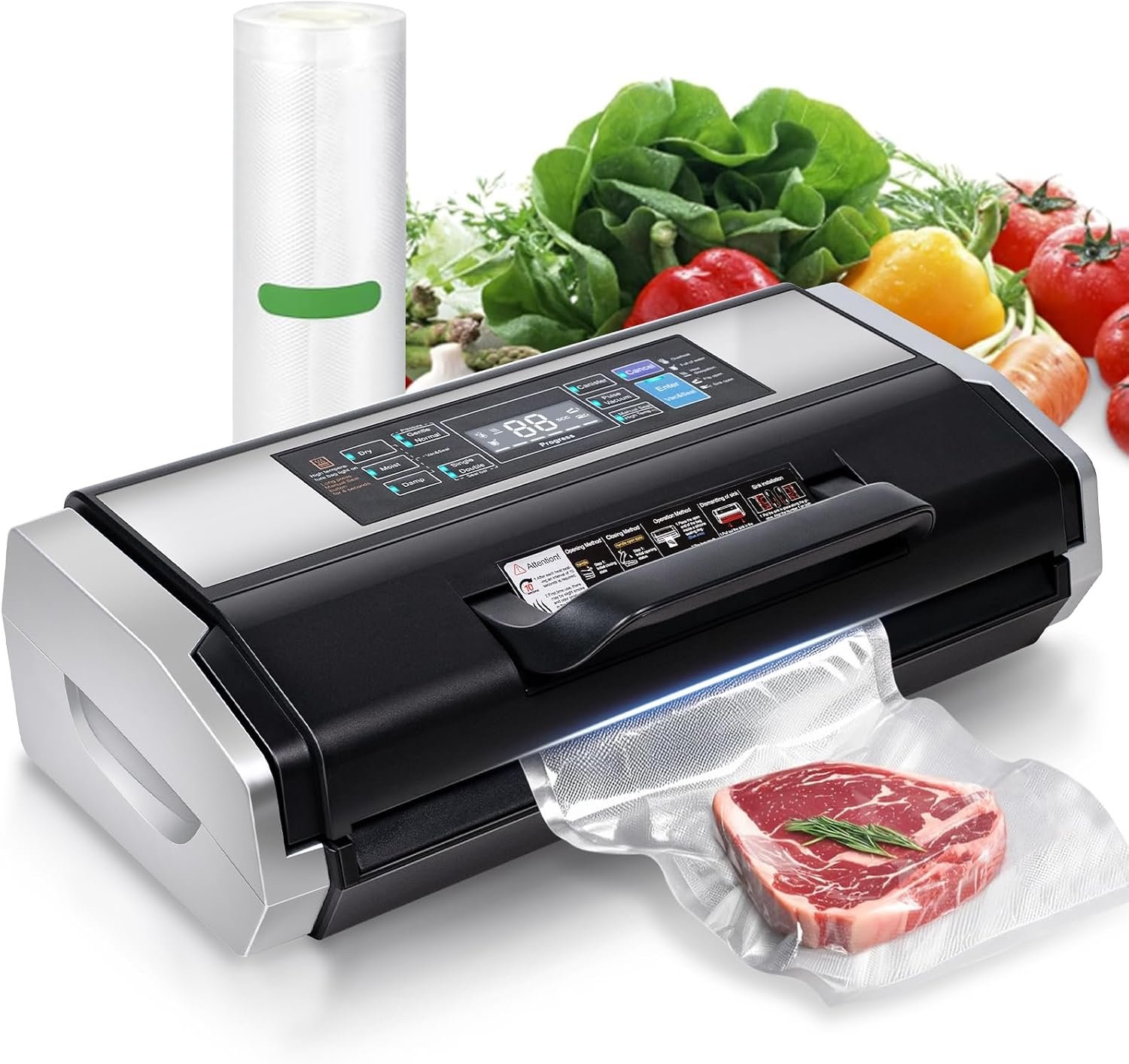 95KPa Automatic Vacuum Sealer Machine – 10-in-1 System with Double Heat Seal Technology, Easy-Lock Handle & Built-in Cutter, Includes Vacuum Roll + 15 Bags (Black）