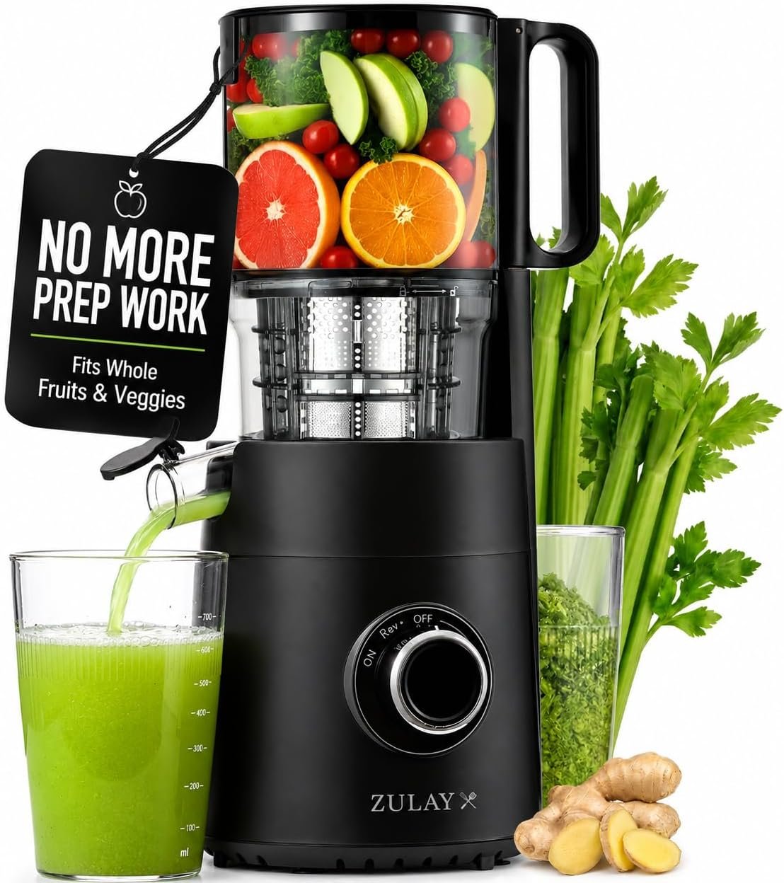 Zulay Kitchen Juicer Machine with 5″ Wide Feed Chute, Cold Press Slow Masticating Juicer for Whole Fruits & Vegetables, Easy to Clean Stainless Steel Blades, High Juice Yield – Black