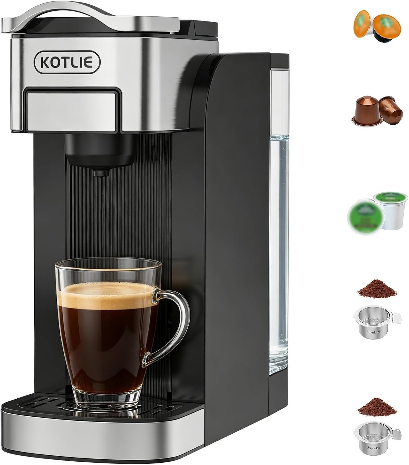 KOTLIE Single Serve Coffee Maker for K*cup/Nes Original/D*G Capsules and Ground Coffee, 50 Oz Removable Reservoir, up to 12oz Cup Sizes,Ideal for Kitchens, apartments, dorm rooms and Offices (CM-827)