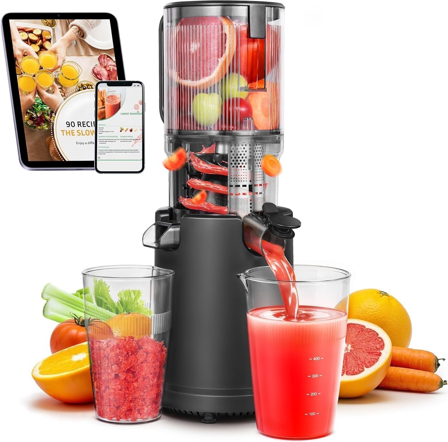 Cold Press Juicer Machines with 5.4″ Wide Feed Chute, Slow Masticating Juicer Extractor for Whole Fruits & Vegetables, Quiet Motor, Easy to Clean with Brush, High Juice Yield, Black