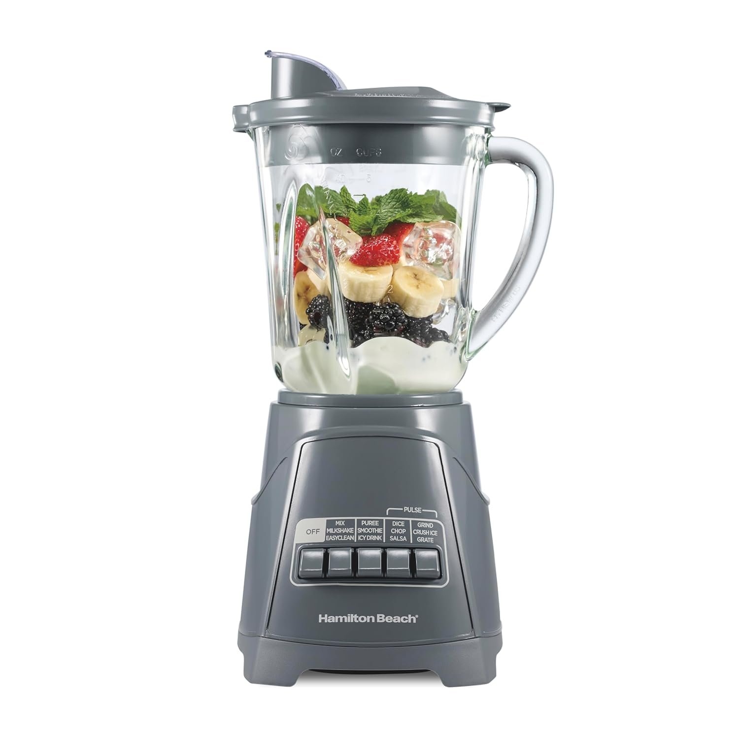 Hamilton Beach Power Elite Wave Action Blender For Smoothies, 40 Oz Glass Jar, 12 Functions Including Puree, Crush Ice, 700 Watts, Grey (58153J)