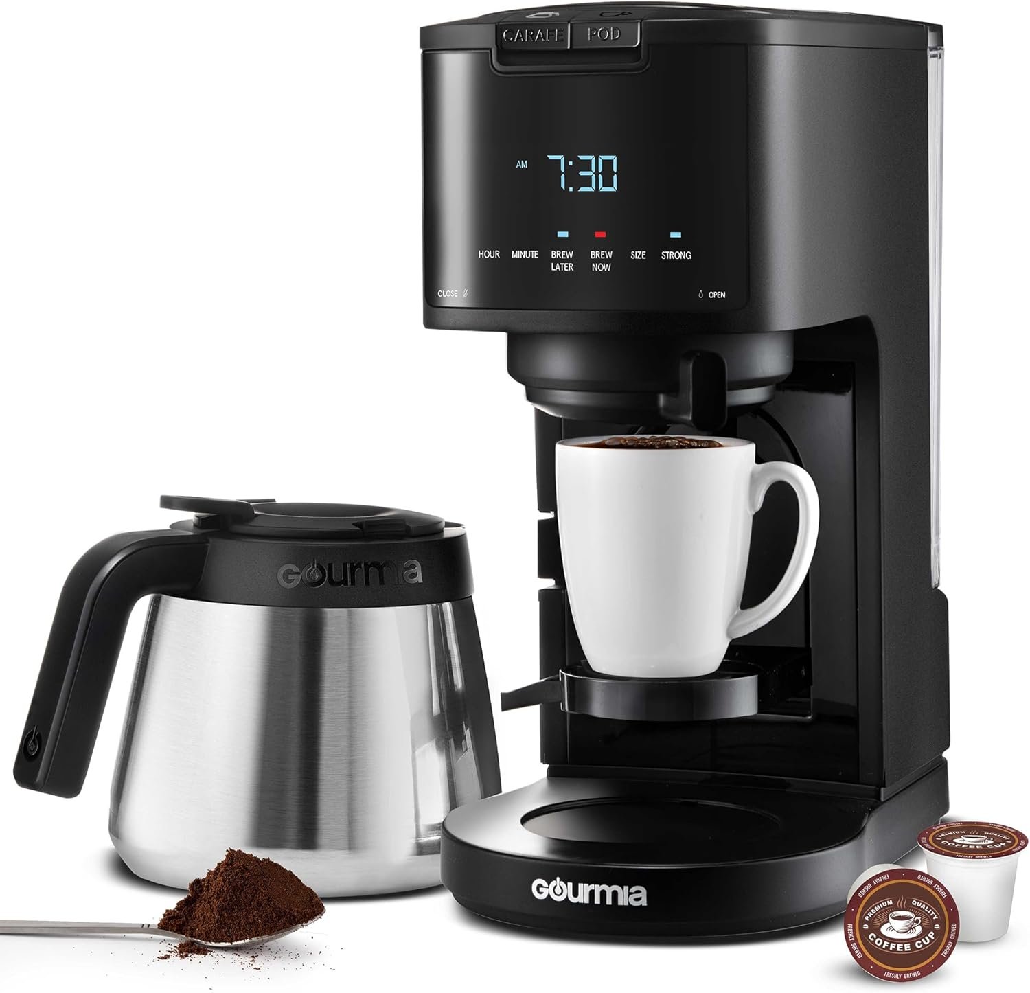 Gourmia 2-in-1 Single Serve and 12 Cup Coffee Maker – Drip Brew, K-Cup Compatible, Programmable, Pause and Serve, Removable Filter, Thermal Carafe, Black