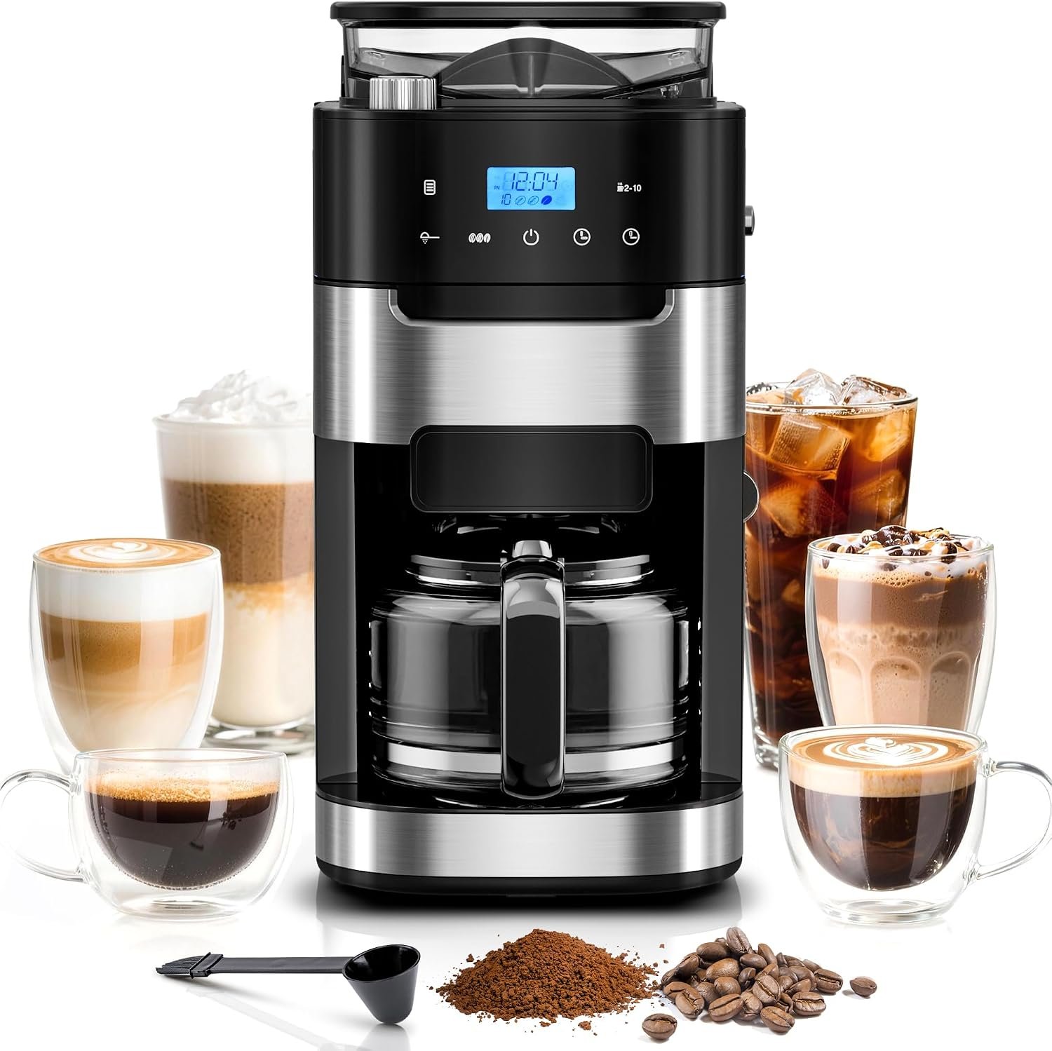 Kismile 10 Cup Drip Coffee Maker with Grinder Built In, Adjustable Grind & Brew Strength, 24H Timer, Descaling Alert, 2H Keep Warm, Reusable Filter & Glass Carafe