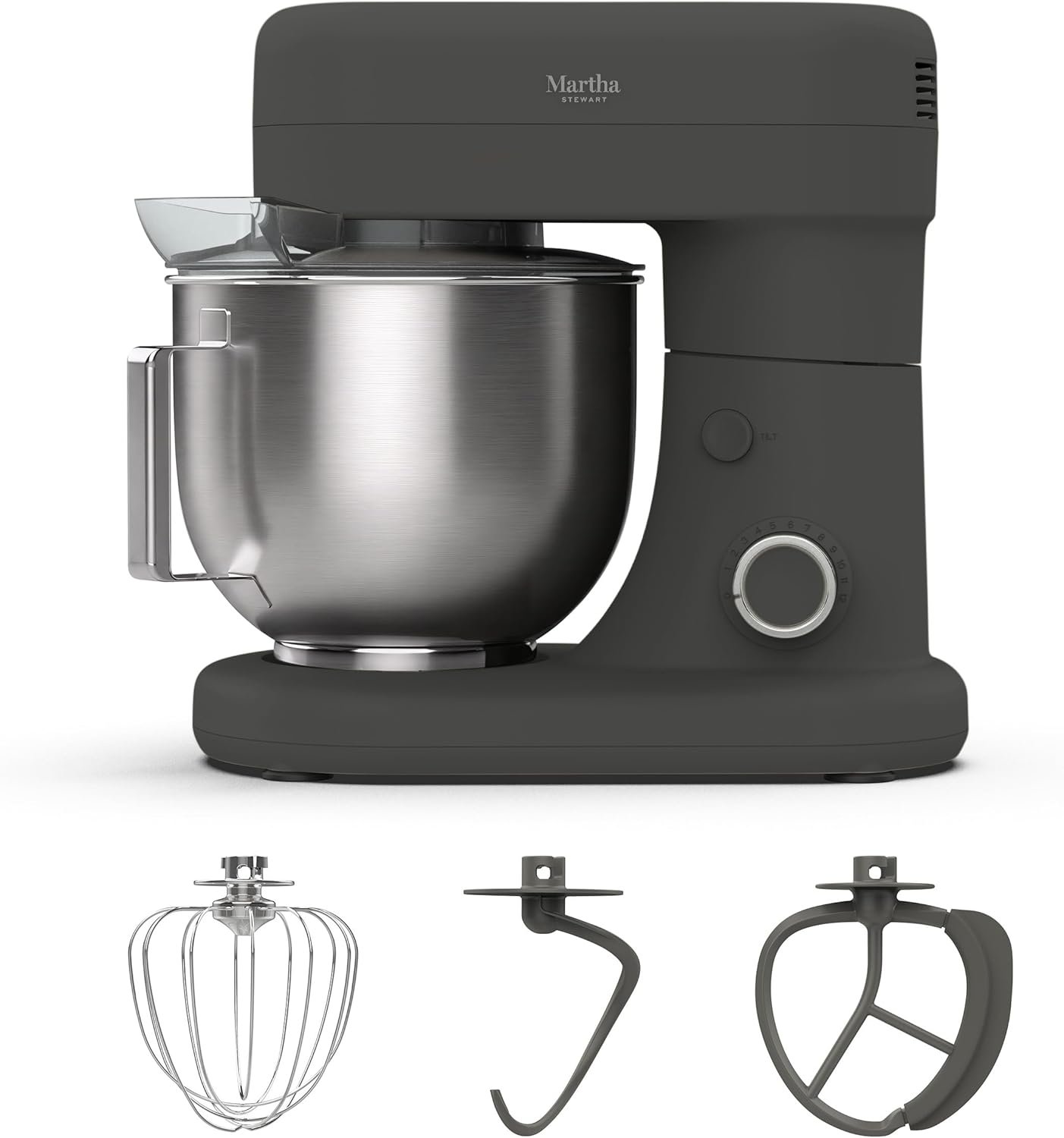 Martha Stewart 5.3Qt Stand Mixer, 12-Speed Tilt-Head Electric Kitchen Mixer with Stainless Steel Bowl, Dough Hook, Whisk & Beater, Splash Guard, Ideal for Baking Bread, Cake & Whipping, Caviar Gray