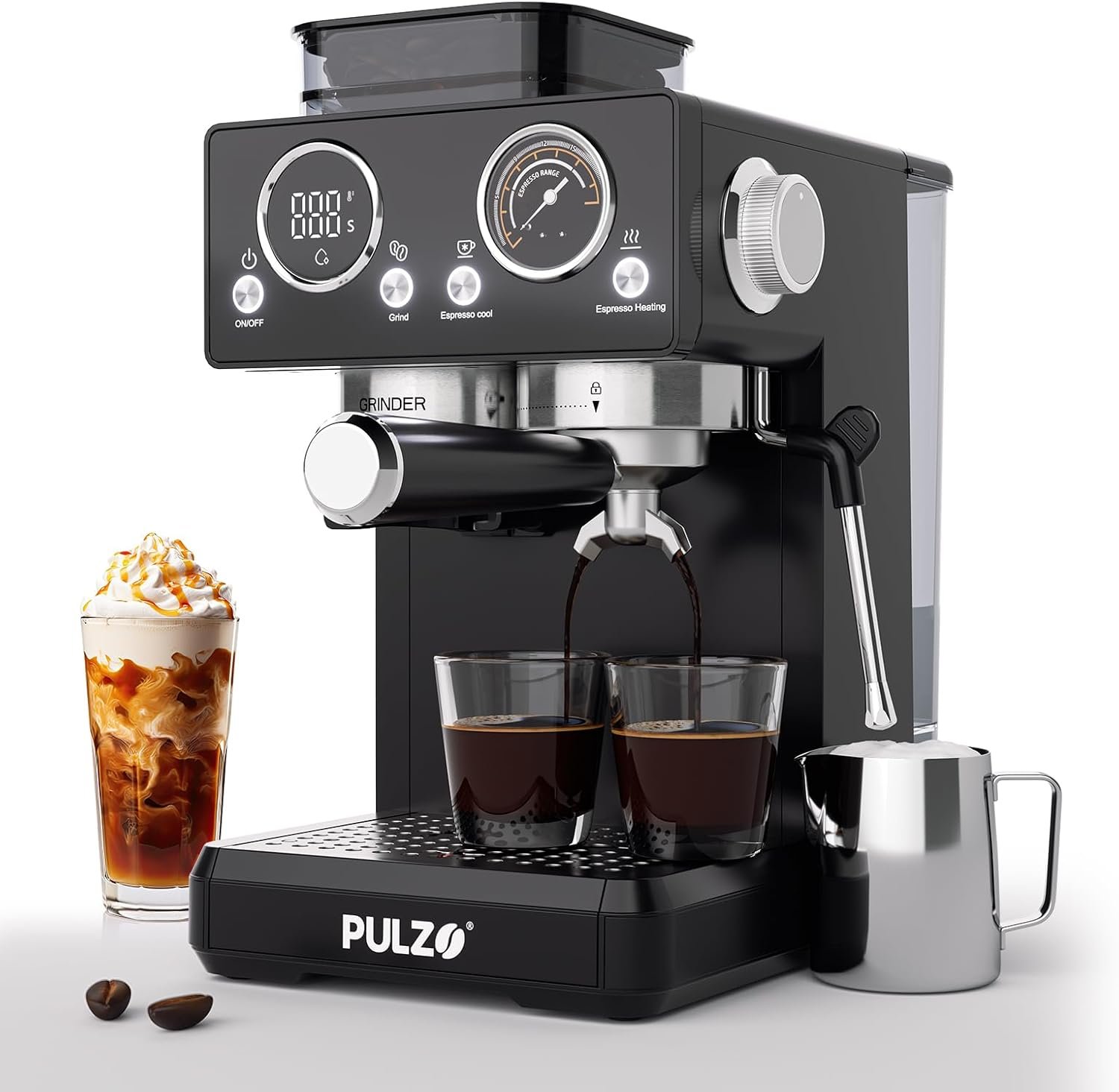 PULZO Espresso Machine with Grinder, 20 Bar All-in-One Coffee Maker with Milk Steam Wand/Frother，Professional Coffee Maker, Expresso Machines for Home, Perfect for Cappuccino & Latte