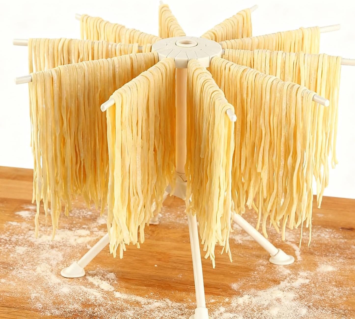 Plastic Collapsible Pasta Drying Rack – 10 Arms for Fresh Homemade Spaghetti, Quick to Set Up & Easy to Store, White Kitchen Noodle Dryer Stand (White)
