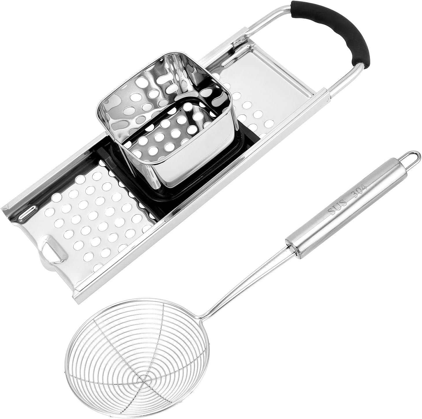 QWORK Stainless Steel Spaetzle Maker Set with Comfort Grip Handle and Spider Strainer