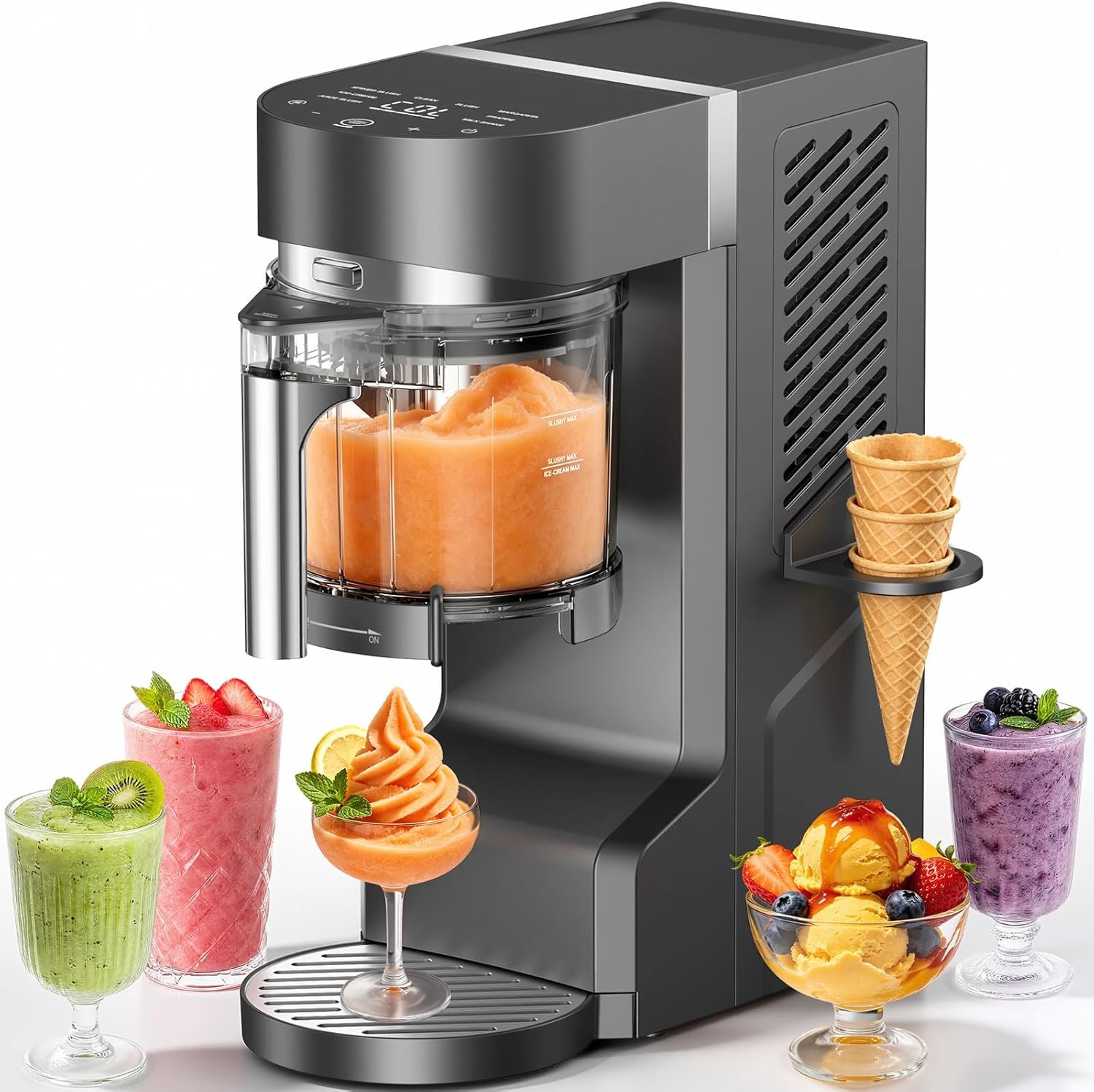 Slushie Machine, Ice Cream Maker, Slushy Machine for Home and Families, No ice needed with Rapid Chill & Temperature Control, Multi-function for Margarita, Frappé, Easy to Clean, Grey