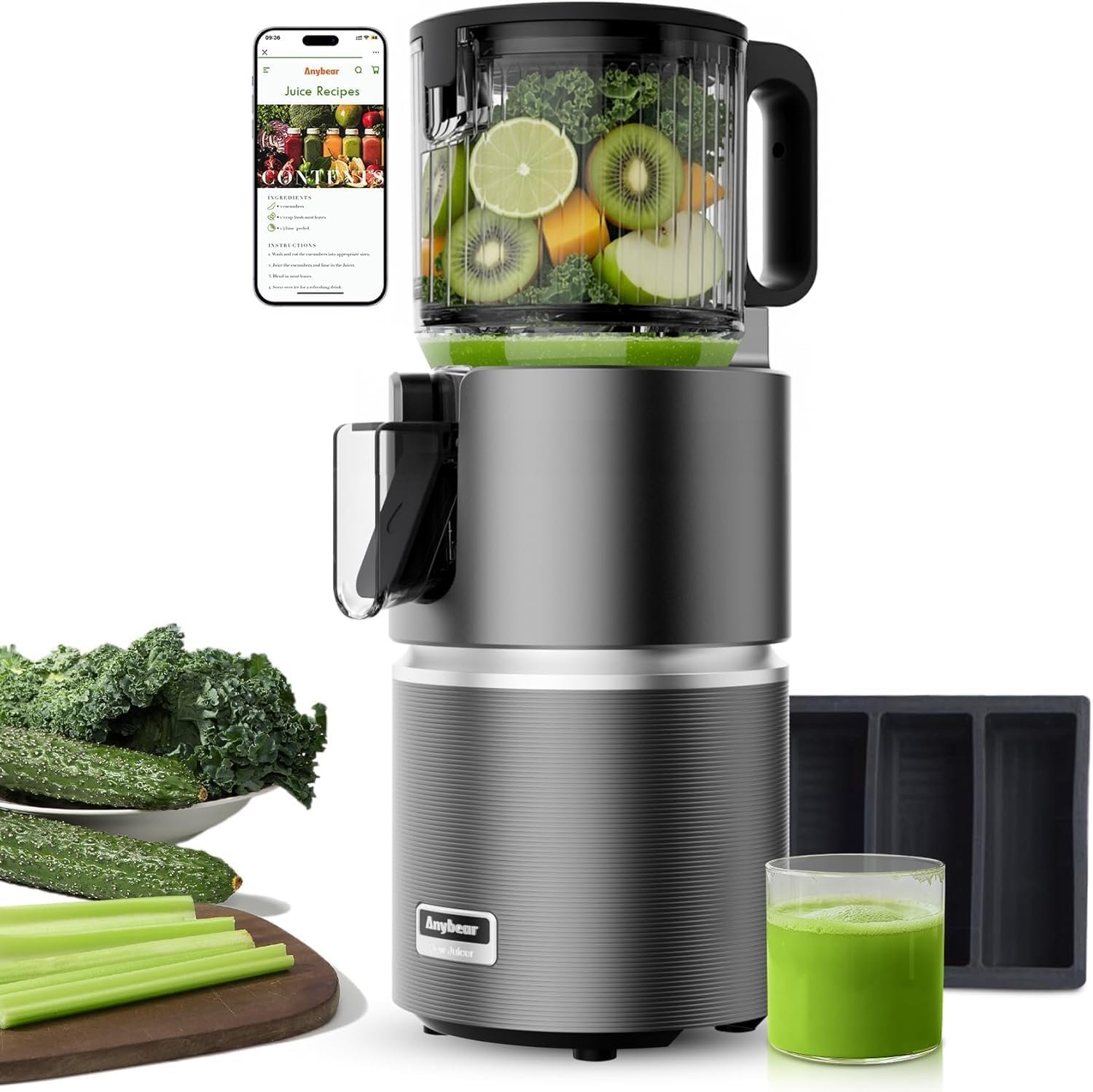 Anybear Cold Press Juicer, 350W Masticating Juicer for Juice, Nut Milk & Sorbet, Dual Slow-Squeezing Technology, 4.9″ Feed Chute for Whole Fruits & Vegetables, BPA-Free Tritan(Grey)