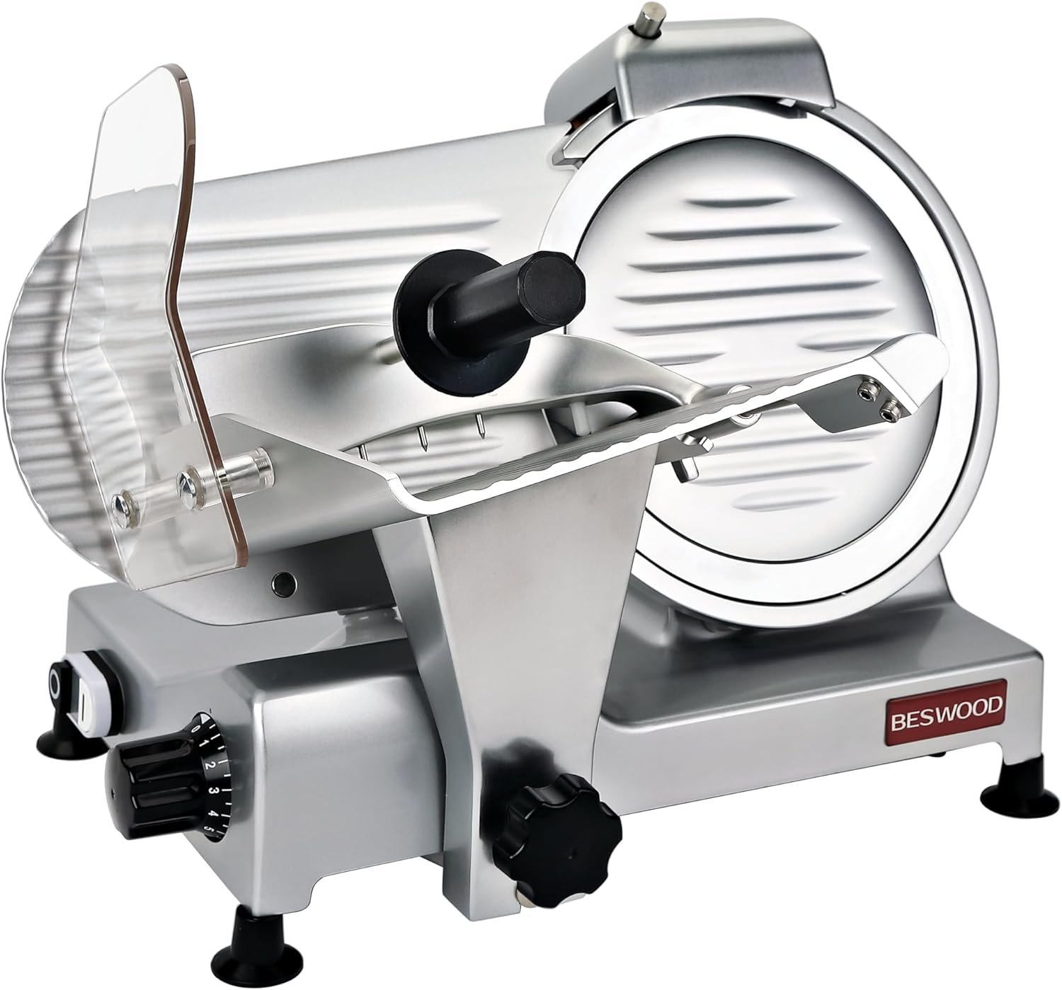 BESWOOD 10″ Premium Chromium-plated Steel Blade Electric Deli Meat Cheese Food Slicer with Serving Plate Commercial and for Home use 240W Classic Silver