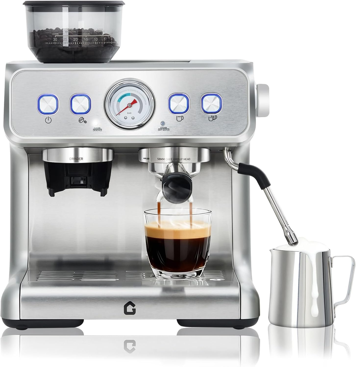 Garvee 20 Bar Pressure Stainless Steel Machine with Grinder, 2.8L Removable Water Tank, Milk Frother Steam Wand for Latte/Cappuccino – Adjustable Shot Volume, Professional Home/Office Use