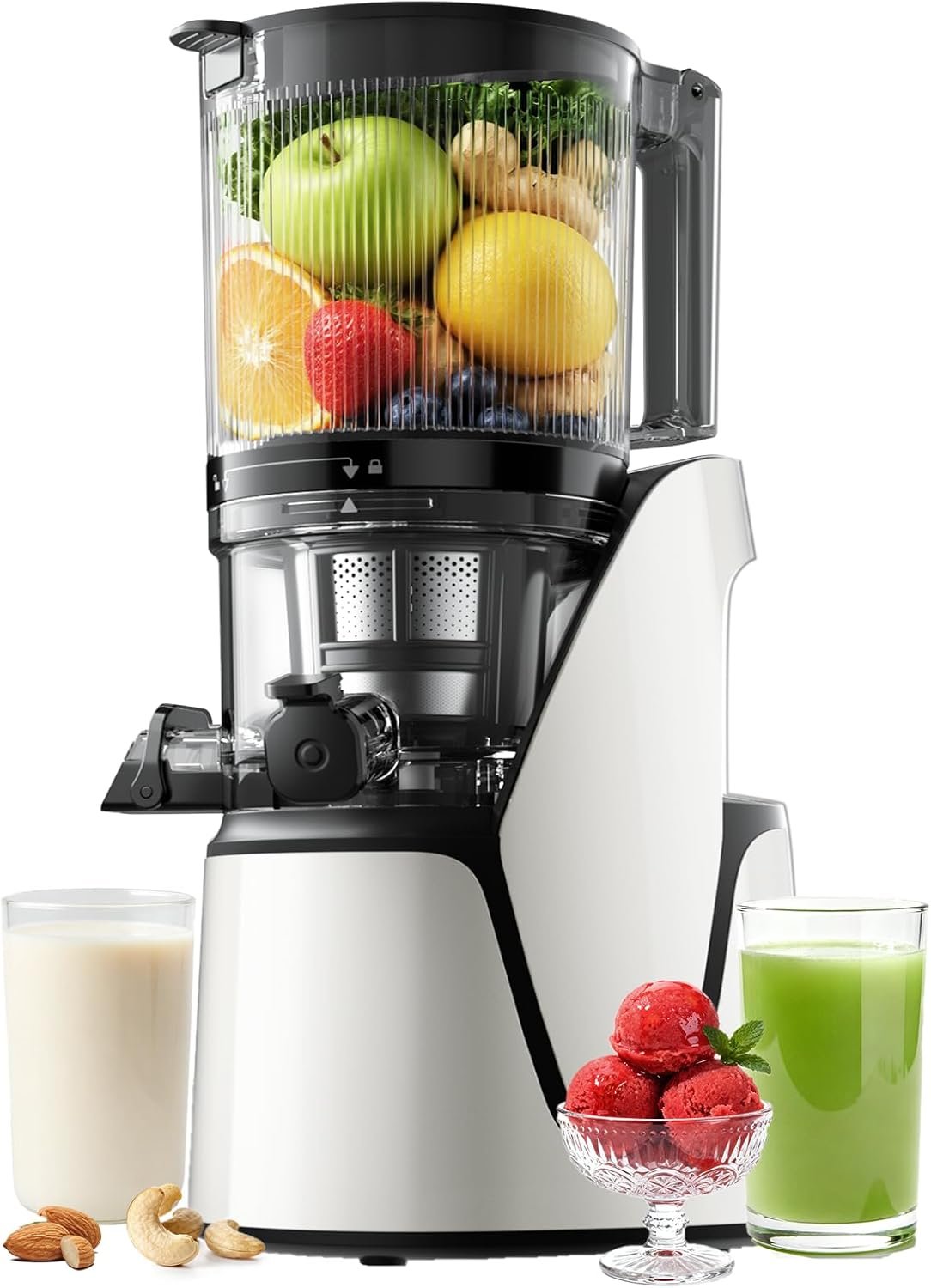 EanOruus Juicer Machines, 3-in-1 Cold Press Juicer with 6.5″ Extra Large Chute, 100oz Large Capacity, AC Motor, Makes Juice, Nut Milk & Sorbet, Bright White