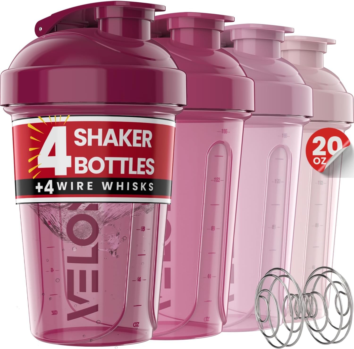 VELOMIX -4 PACK- 20 OZ Protein Shaker Bottle for Protein Mixes – 4x Wire Whisk | Leak Proof Shaker Cups for Protein Shakes | Stackable Protein Shaker Bottle Pack | Dishwasher Safe (Berry Blend)