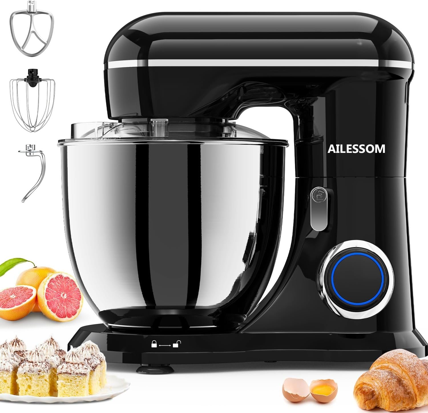 SAMSAIMO 3-IN-1 Electric Stand Mixer, 10-Speed With Pulse Button, Attachments include 6.5QT Bowl, Dough Hook, Beater, Whisk for Most Home Cooks (Onyx Black)