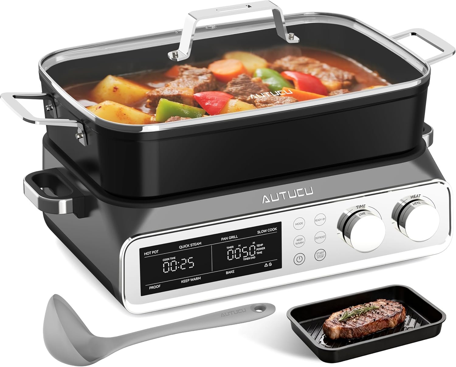 N21NA Pro Slow Cooker 10 Quart, 8-in-1 Programmable PFOA-Free Ceramic Coated Multi-Cooker with Grill Pan, Steaming Plate (Includes Silicone Spoon & Tongs)