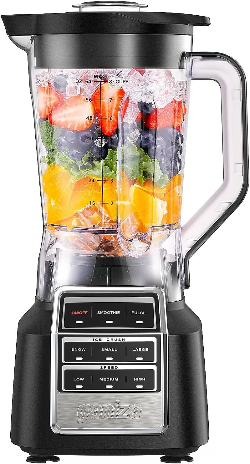 Ganiza Smoothie Blender Max 1800W, Professional Blenders for Kitchen | 64 oz Large Capacity Pitcher, 3 Manual Speeds Maker for Smoothies, Shakes, Frozen Drinks, Sauces, Salsa, Full-Size Countertop