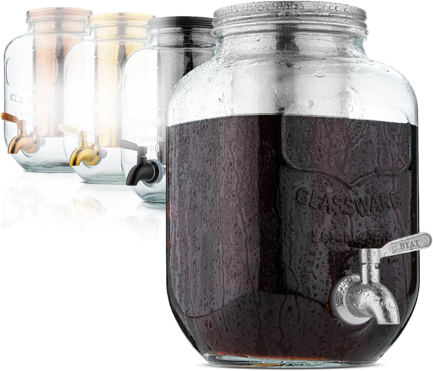 BTaT- 1 Gallon Cold Brew Coffee Maker, Thick Glass Pitcher | Stainless Steel Filter, Lid & Spigot Iced Coffee Sun Tea Brewer Mason Jar Cold Brew Container Fast Iced Tea Maker for Fridge