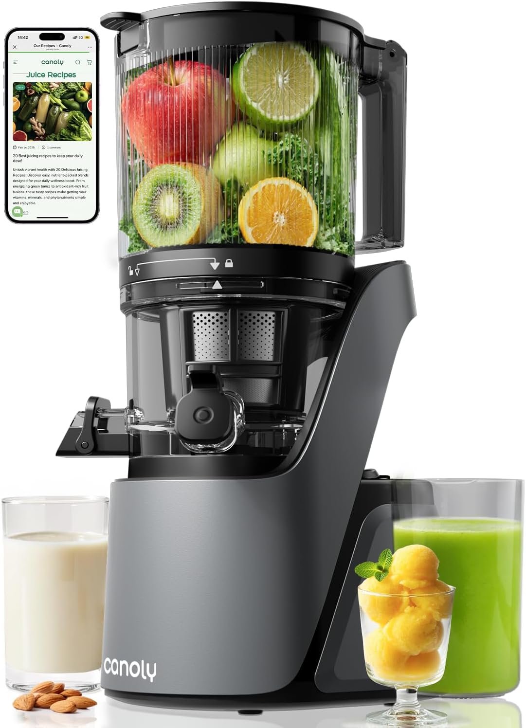 Canoly C16 Cold Press Juicer, 6″ Extra Wide Feed Chute, 3-IN-1 Strainers (Juice & Sorbet & Nut Milk), Powerful AC Brushless Motor, Self Precut System, Juicer Machines with BPA-Free (Space Gray)