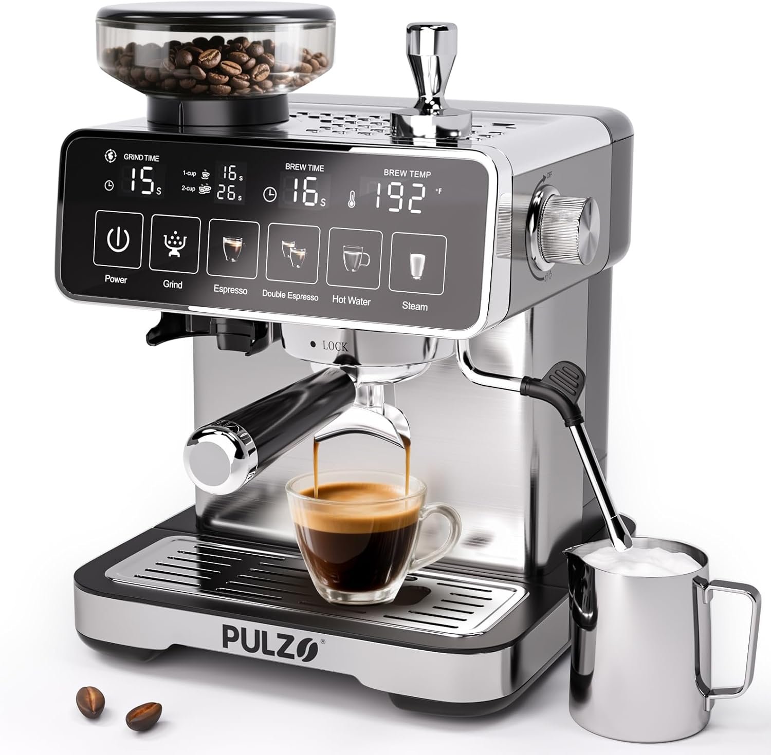 PULZO Espresso Machine with Grinder, 20 Bar Professional Coffee Machine, All-in-One Stainless Steel Coffee Maker with Milk Frother, to Make Latte, Cappuccino, 67oz Detachable Water Tank
