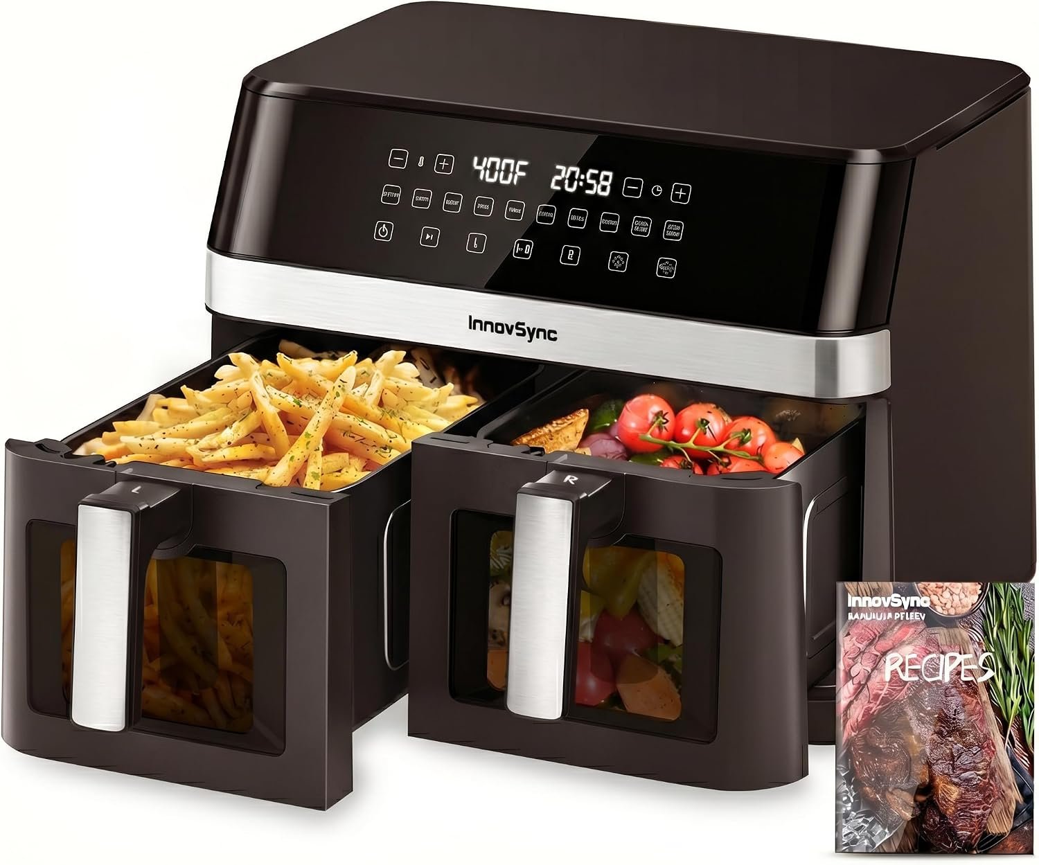 12QT Large Dual Air Fryer, 10-in-1 Double Zone Airfryer with 2×6QT Baskets, 60° Easy-Panel with Full Touchscreen, SyncCook Function, Viewing Window, Nonstick & Dishwasher Safe, Brownish black