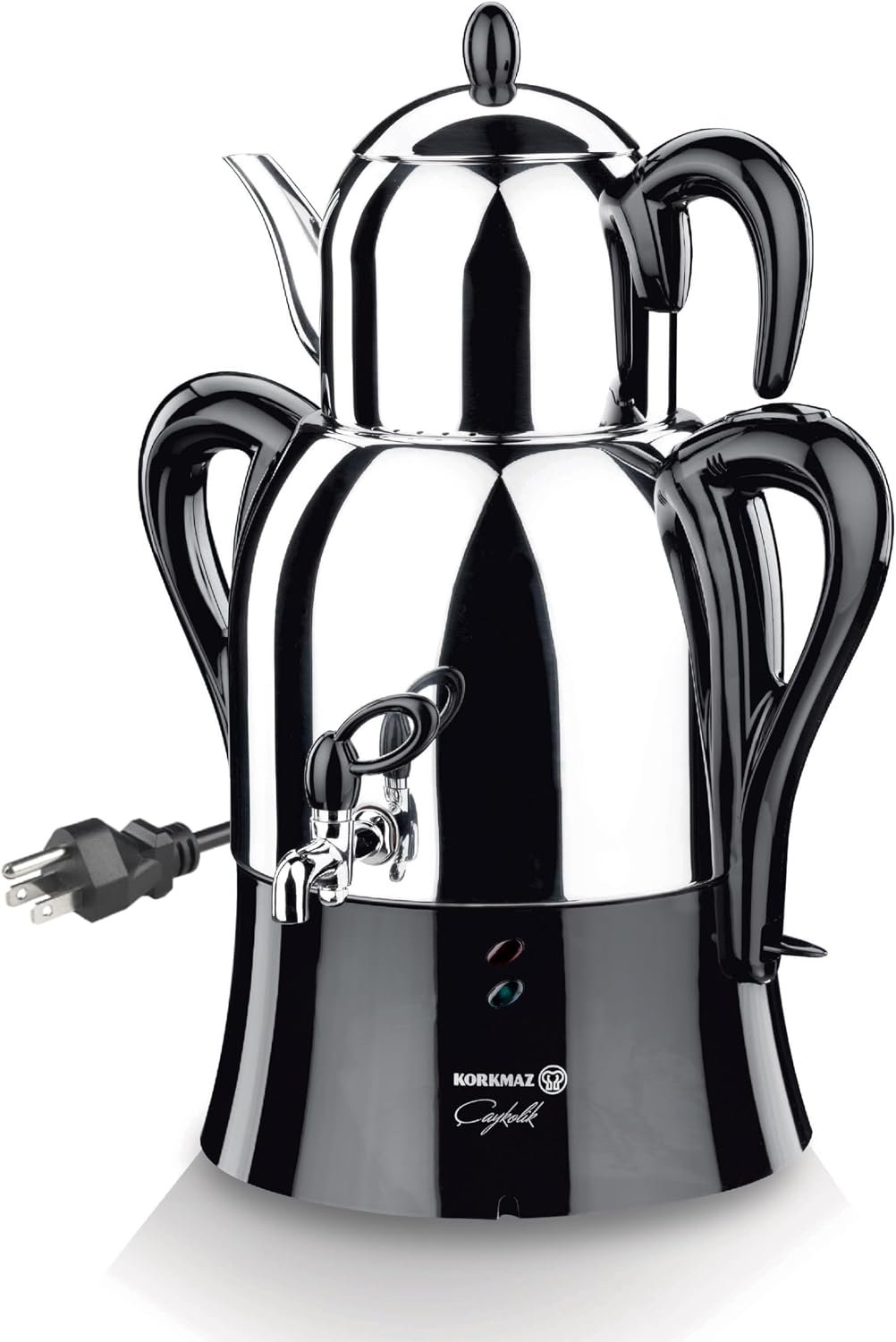 Korkmaz Samovar, Electric Turkish Tea Maker Set, Double Pots Tea Machine, Hanedan Stainless Steel Pot | 1.37 Qt+ 3.69 Qt | 110 V US Plug