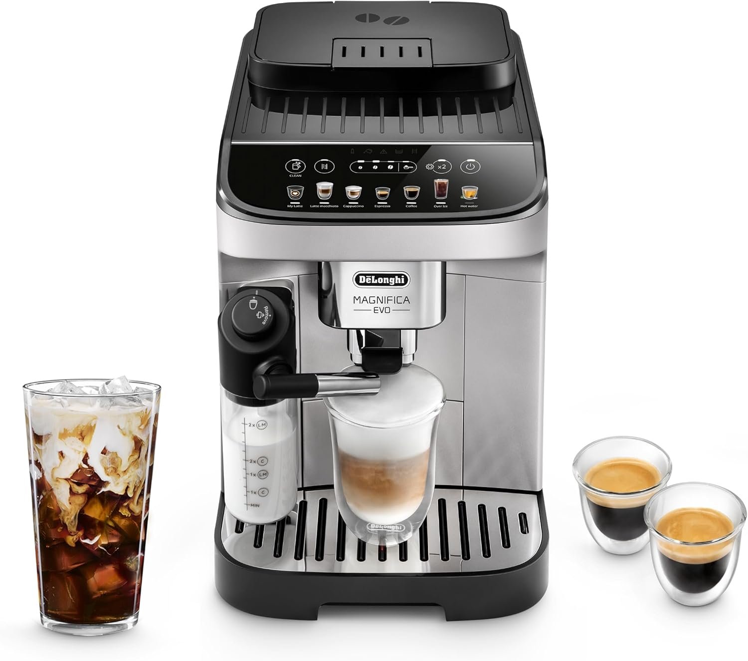 De’Longhi Magnifica Evo Automatic Espresso & Coffee Machine with Auto Milk Frother, Built-in Grinder & Auto-Clean Function – For Latte, Cappuccino, Americano, Iced Coffee, ECAM29084SB , Silver
