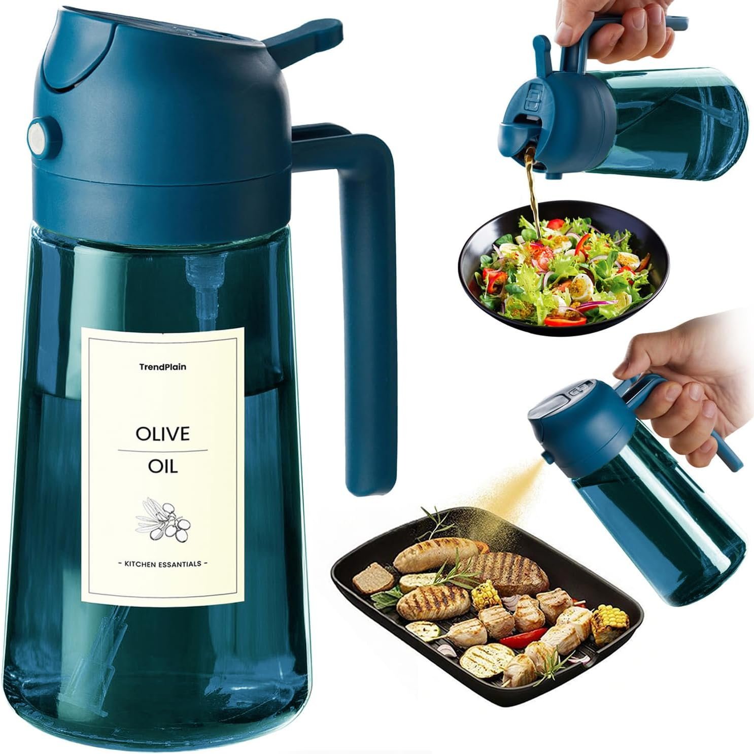 TrendPlain 16oz/470ml Blue Glass Olive Oil Sprayer for Cooking – 2 in 1 Olive Oil Dispenser for Kitchen Gadgets, Air Fryer, Salad, and BBQ – Navy