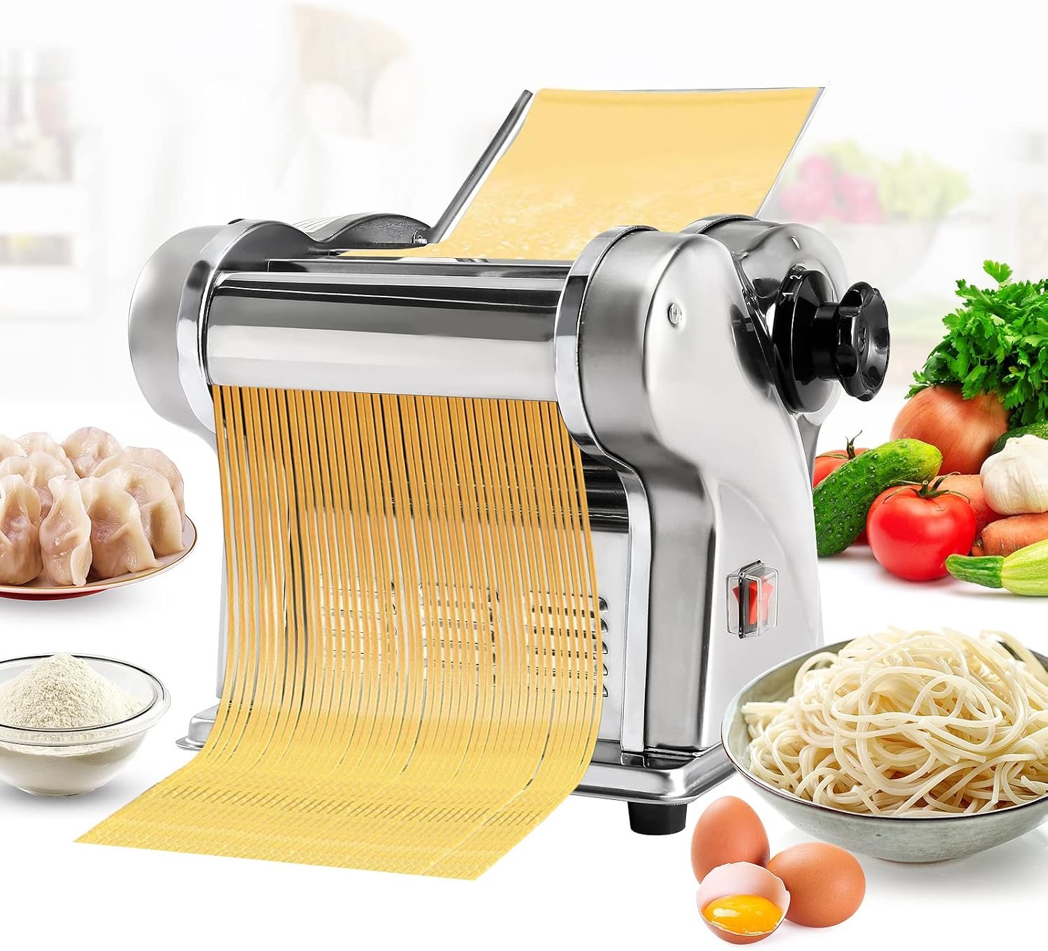 Dyna-Living Electric Pasta Maker Noodle Maker Machine Dough Spaghetti Roller Pressing Machine Thickness Adjustable Stainless Steel 135W for for Home Family Use (1.5mm round noodle+4mm flat noodle)