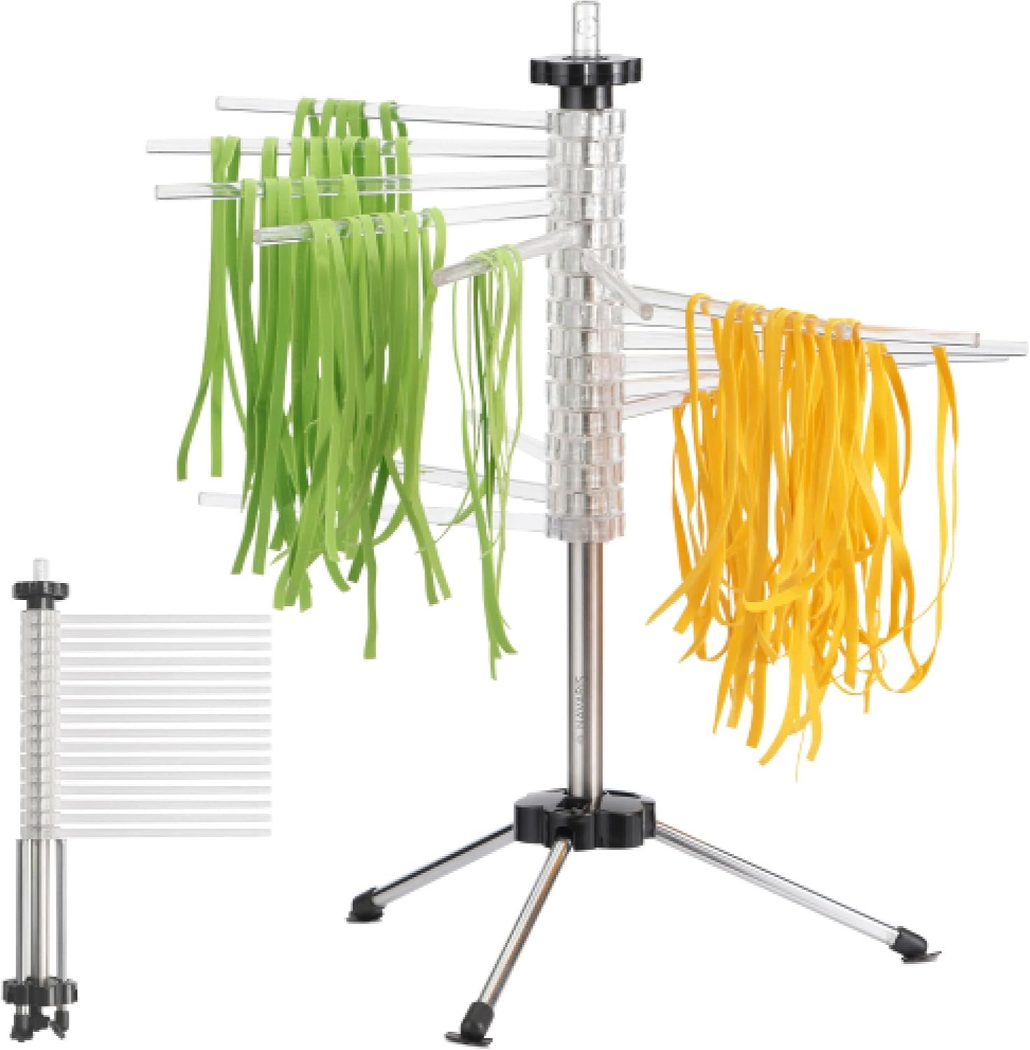 Navaris Collapsible Pasta Drying Rack – Tall Compact Spaghetti Noodle Stand with 16 Plastic Rods – Fresh Pasta Making Accessories – up to 2 kg (4.5 lbs) – Clear