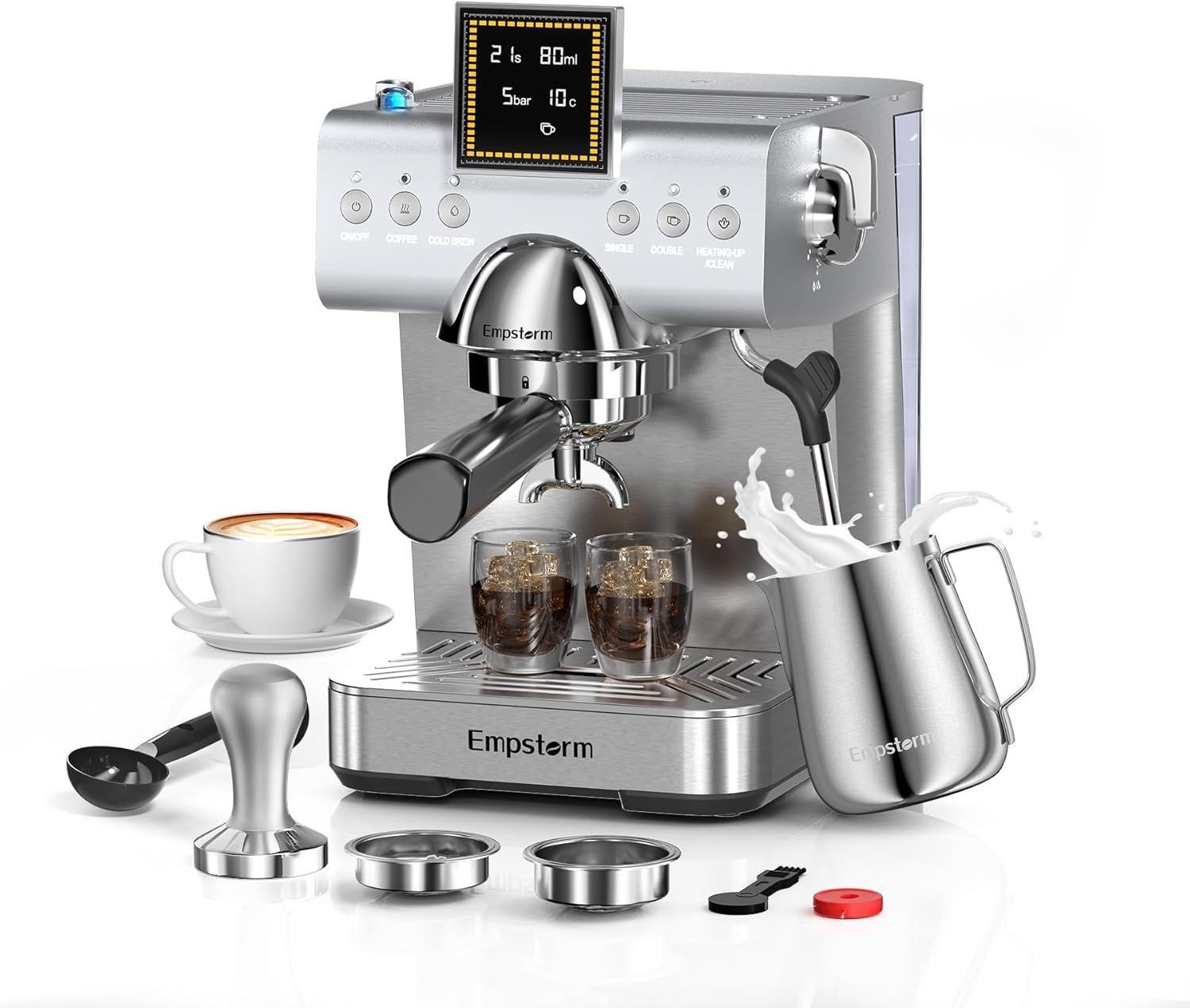 20 Bar Espresso Machine with Milk Frother Steam, Compact Stainless Steel Espresso maker with LED Display Cold Brew & Hot Coffee Maker, Professional Cappuccino Expresso Machine for Home and Office