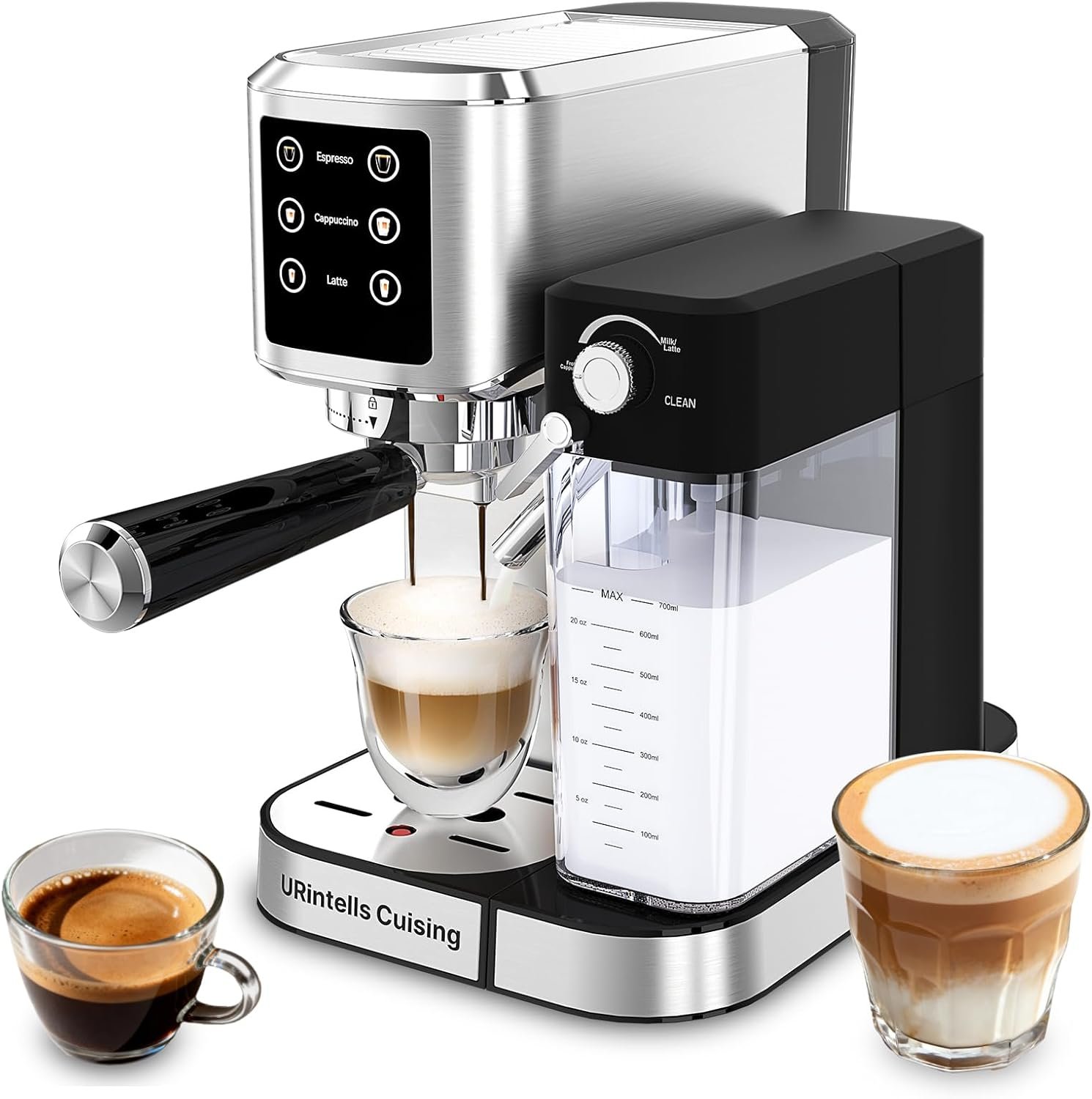 URintells Cuising Espresso Machine 4-in-1 Touchscreen Espresso Maker Hands-Free Milk Frother for Cappuccino Latte,Stainless Steel Coffee Machine with Dual Heating System and Clean Function