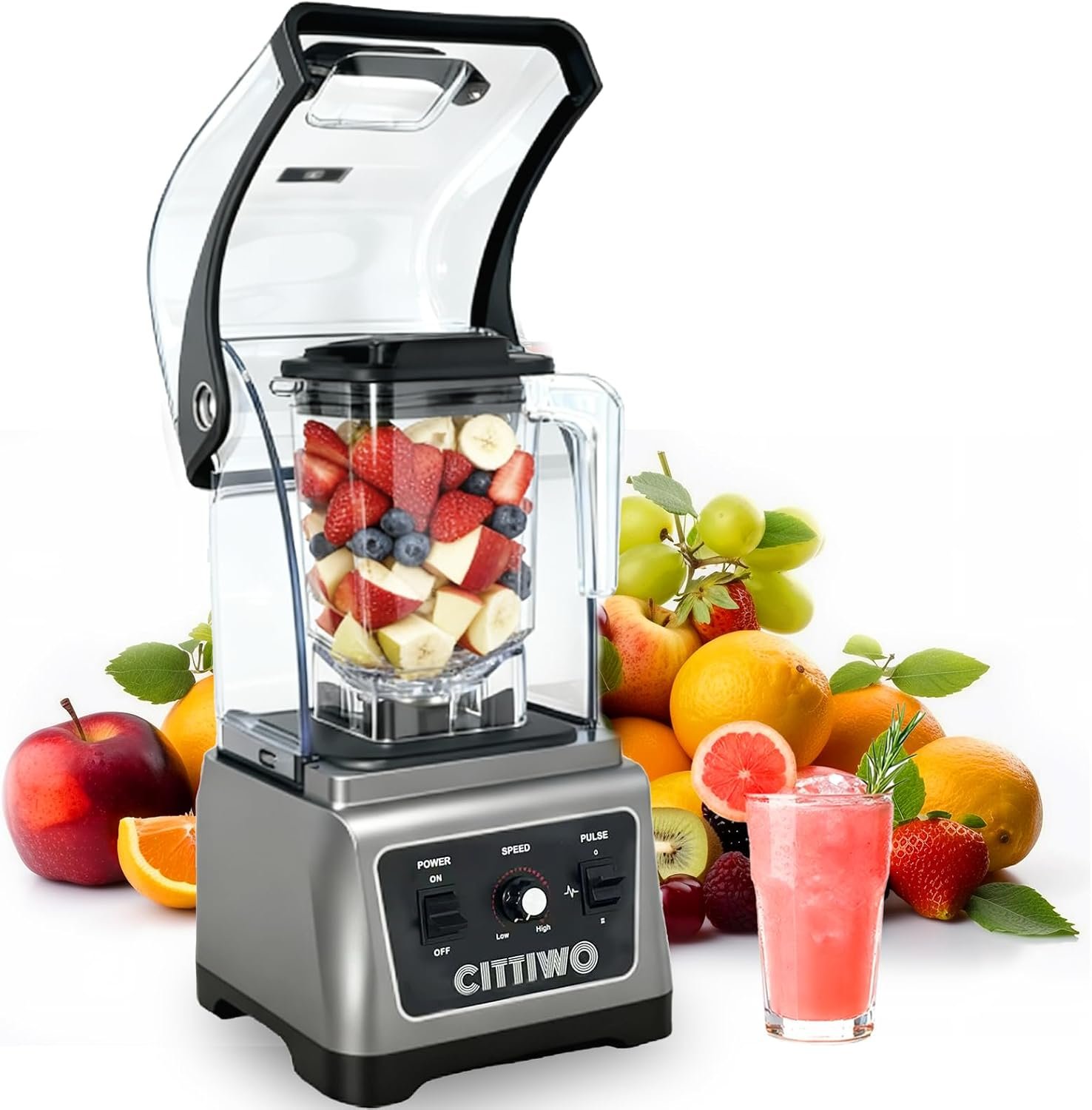 Cittiwo Commercial Blender Heavy Duty Restaurant with 64oz Jar, 2200W Professional-Grade Smoothie Blender, Ice Crush, Frozen Drinks, Quiet Shield, Self-Cleaning