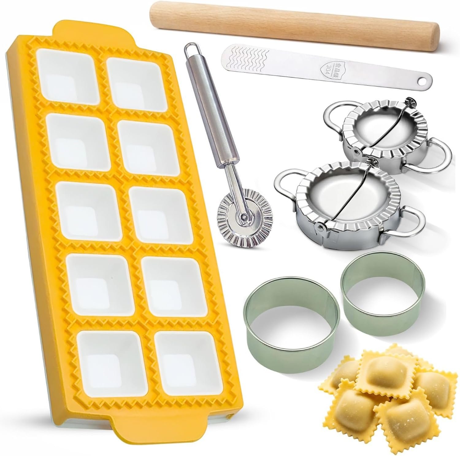 Ultimate Ravioli Maker Press & Dumpling Maker Kit – 10-Hole Ravioli Mold, Pasta Roller, Pastry Wheel & Pierogi Press – Stainless Steel Empanada Maker Machine & Pasta Making Tools for Kitchen (Square)