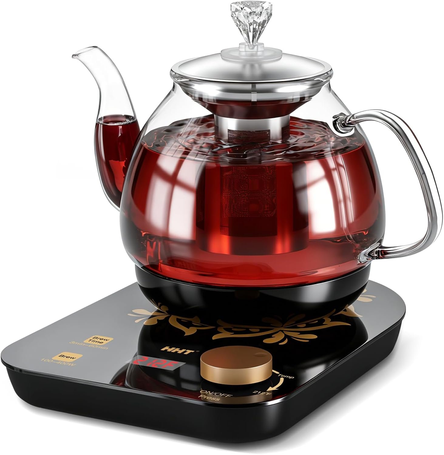 HHT Electric Tea Maker with Infuser, ±1℉ Precise Temperature Control, Glass Electric Kettle for Herbal,Flowers,Fruit Tea and Loose Leaf,BPA-Free,Auto Shut-Off,Brewing Program,Keep Warm,0.8L Black