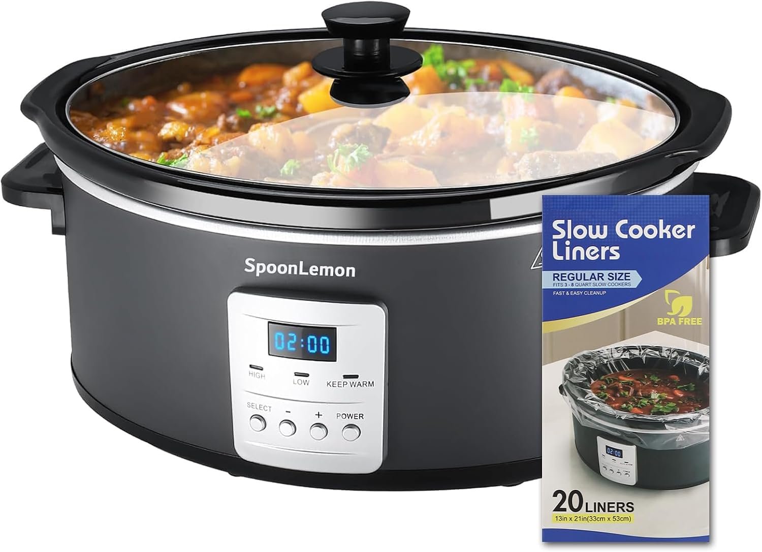 7QT Slow Cooker, Electric Programmable Cooker with 20H Timer & 3 Heat Settings, Oval Ceramic Pot — Ideal for Family Meals & Meal Prep, Compatible with 20 Count 13″x21″ Cooking Liners