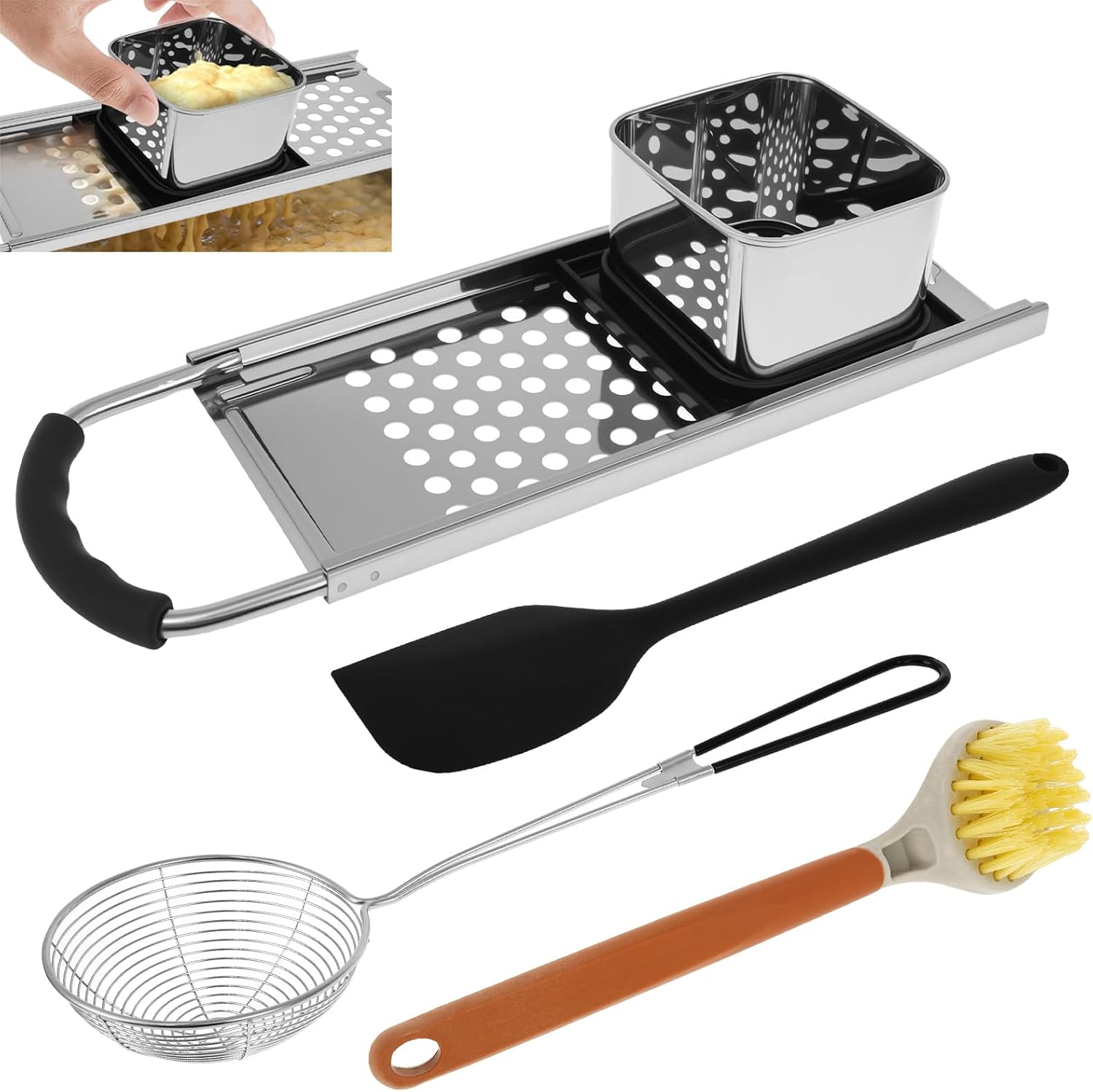 Stainless Steel Spaetzle Maker, Spaetzle Press with Grip Handle, German Noodle Maker Press with Spatula, Skimmer Strainer and Cleaning Brush, Homemade Noodle Making Press Tool Set