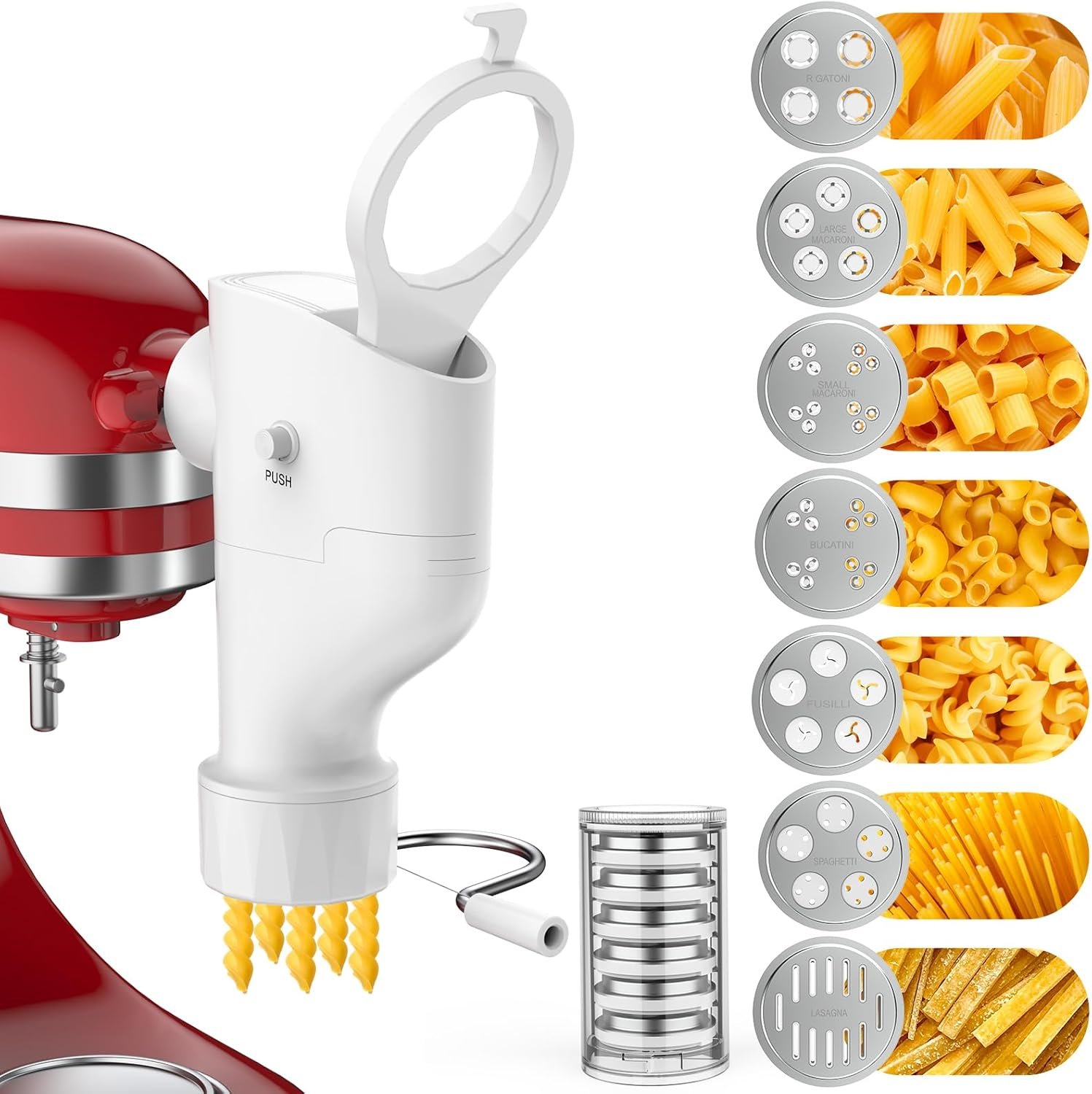 Pasta Maker Attachment for KitchenAid Stand Mixer, 7 Interchangeable Pasta Plates, Makes Spaghetti, Fusilli, Macaroni, Bucatini & Rigatoni, New Buckle Design Pasta Press with Storage Case by Fedowal