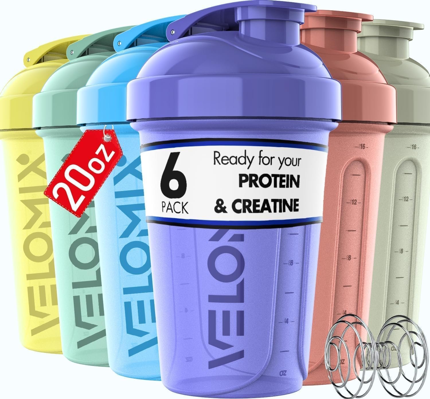 VELOMIX -6 PACK- 20 oz Protein Shaker Bottle for Protein Mixes – 6x Wire Whisk | Leak Proof Shaker Cups for Protein Shakes | Stackable Protein Shaker Bottle Pack | Dishwasher Safe (Pastel Shades)