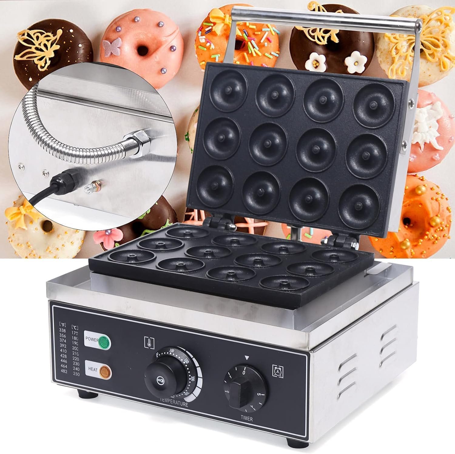 1550W Electric Donut Maker, 12 Hole Nonstick Doughnut Machine Commercial Waffle Maker Crepe Maker for Restaurant Bakeries Family, Temperature Range 122-572℉