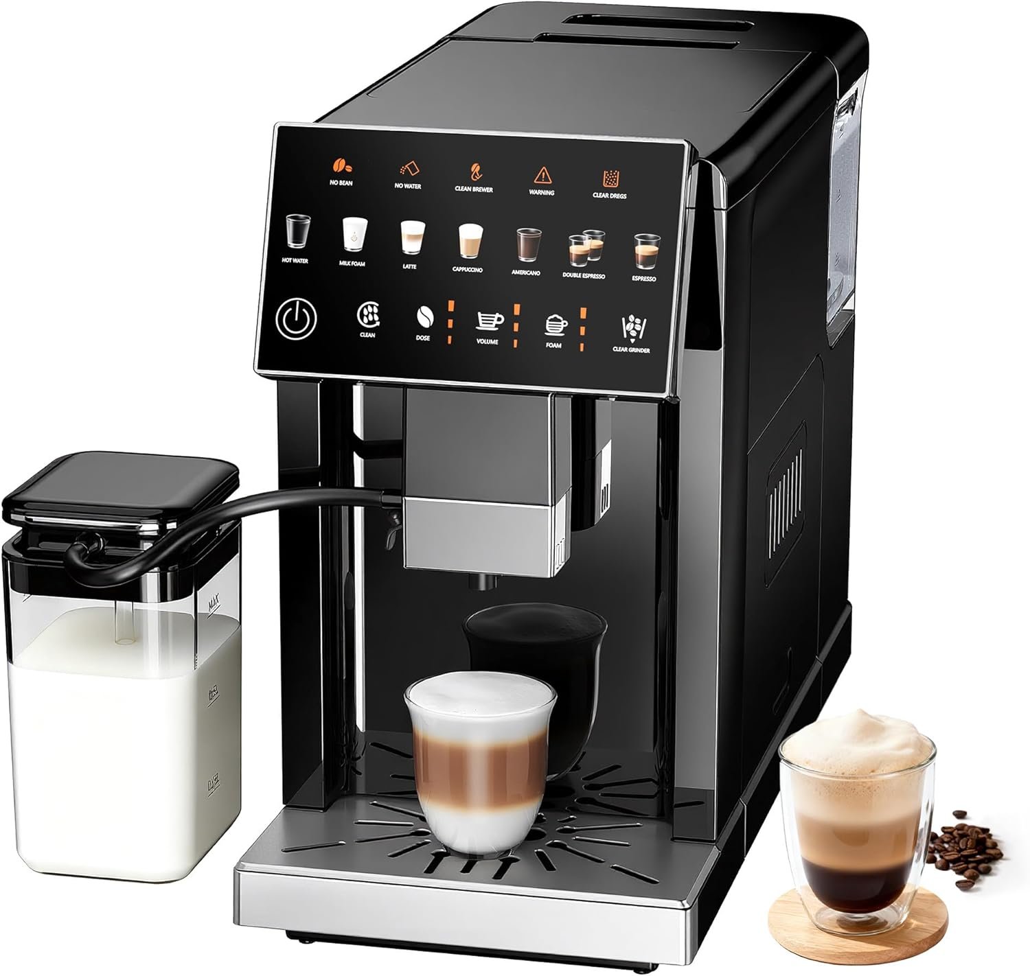 Fully Automatic Espresso Machine, 19 Bar Coffee Maker with Integrated Grinder, Touch Screen Espresso Machine with 15 Grind Settings, Self-Cleaning Coffee Maker for Latte, Cappuccino (Black)
