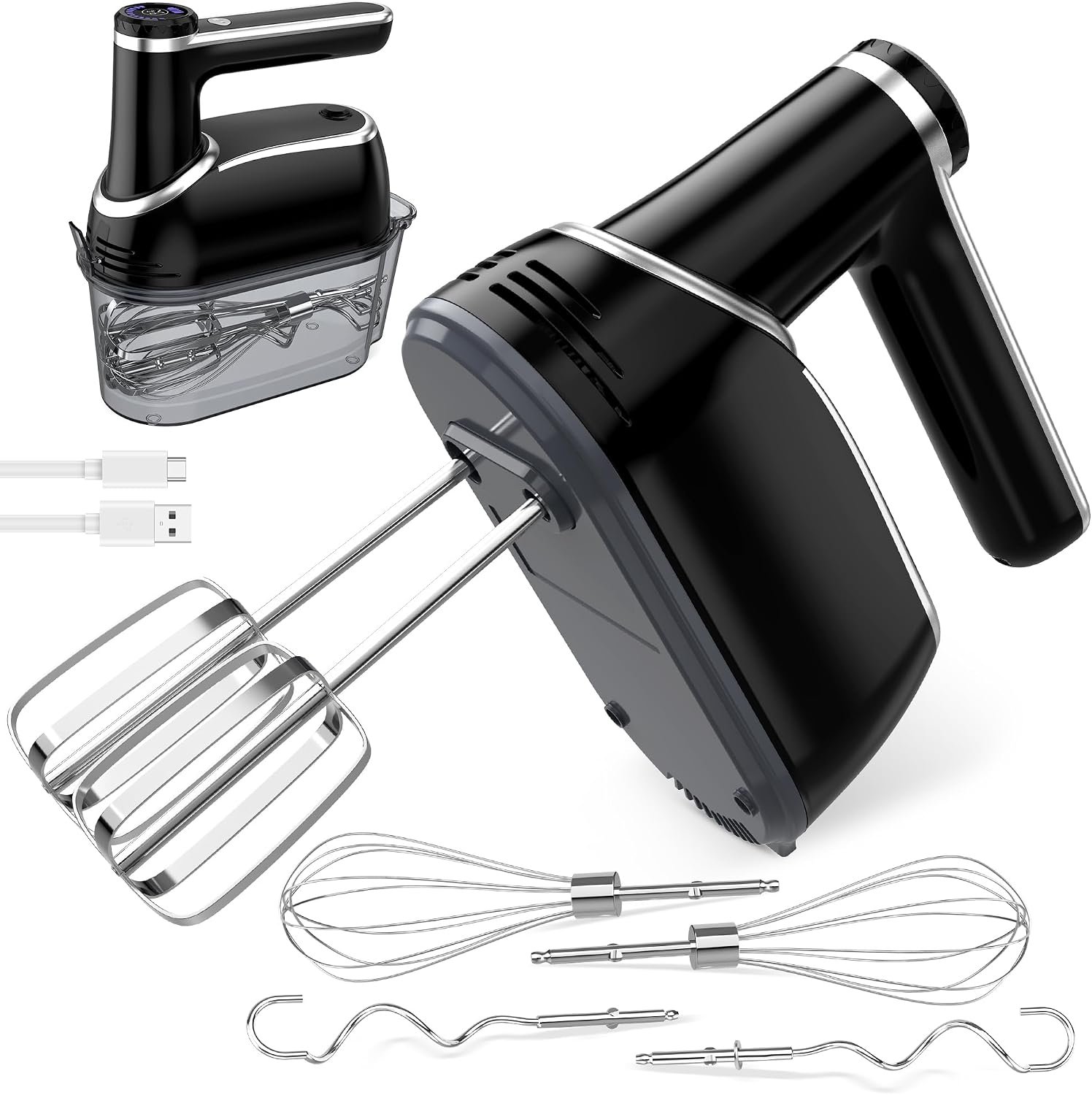 binROC Cordless Electric Hand Mixer, 12-Speed Rechargeable Handheld Mixer with Eject Button, 6 Stainless Steel Attachments, Snap-On Storage Case, LED, Self-Stand for Baking, Cake, Dough, Egg (Black)