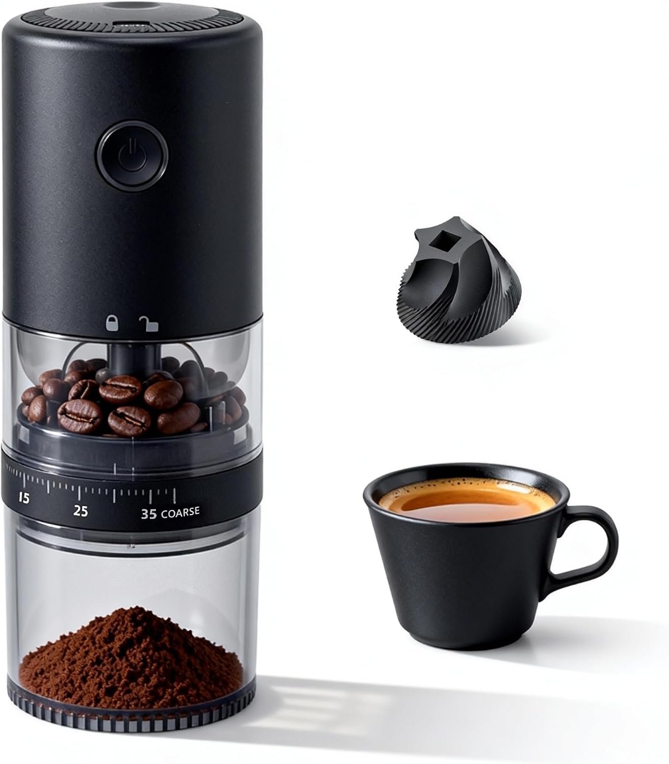 LAMIDO Portable Electric Burr Coffee Grinder – Grind While Charging – Visual Bean Hopper – 38 External Grind Settings – 1.8X Faster Grinding – 2000 mAh Battery for Travel, Camping – Matte Black
