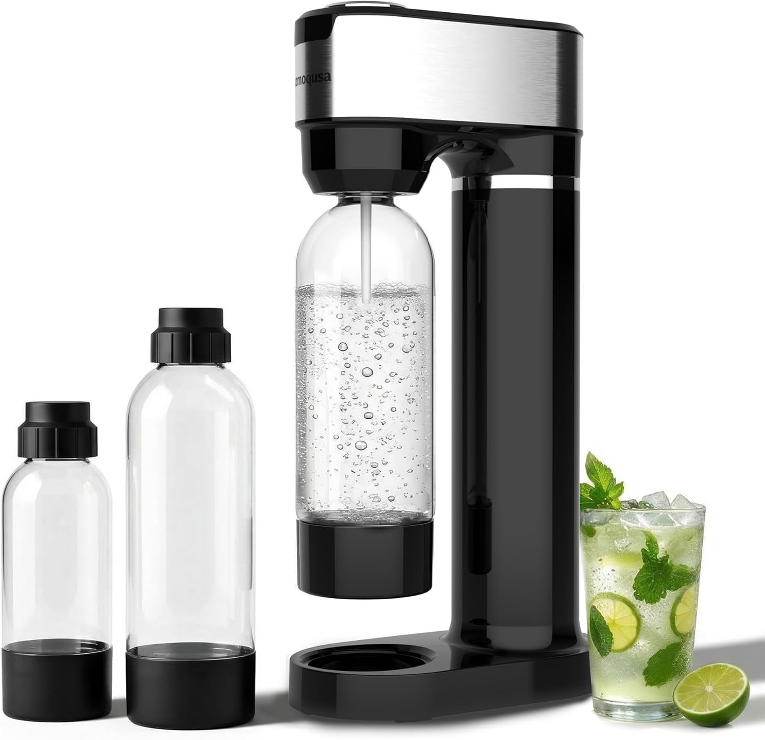 Sparkling Water Maker for Home, Soda Streaming Maker with 2 BPA free Bottles(1L + 0.5L) Carbonated Water Seltzer Fizzy Drink Machine, Compatible with Screw-in 60L CO2 Carbonator(NOT Included) (Black)