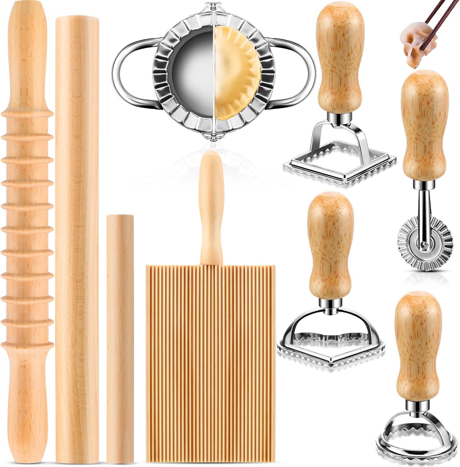 9 Pcs Gnocchi Pasta Making Tools kit – Gnocchi Board, Pasta Cutter, Ravioli Stamp, Wood Threaded Pasta Roller Pin Set, Noodle and Dumplings Maker, Homemade Kitchen Gift for Pasta Lovers