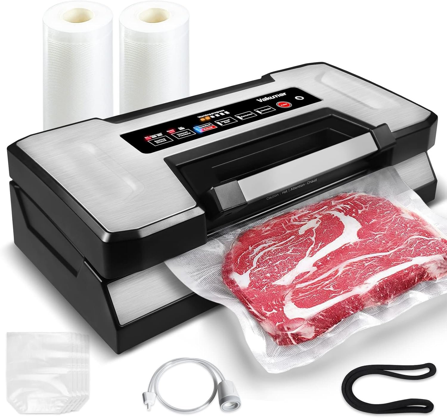 Vakumar Vacuum Sealer Machine, 90Kpa Liquid Food Vacuum Sealer Machine Preservation Dry/Moist/Liquid Modes, LED Indicator Light, Handle Locked Design, Built-in Cutter and Bag Storage, Starter Kit