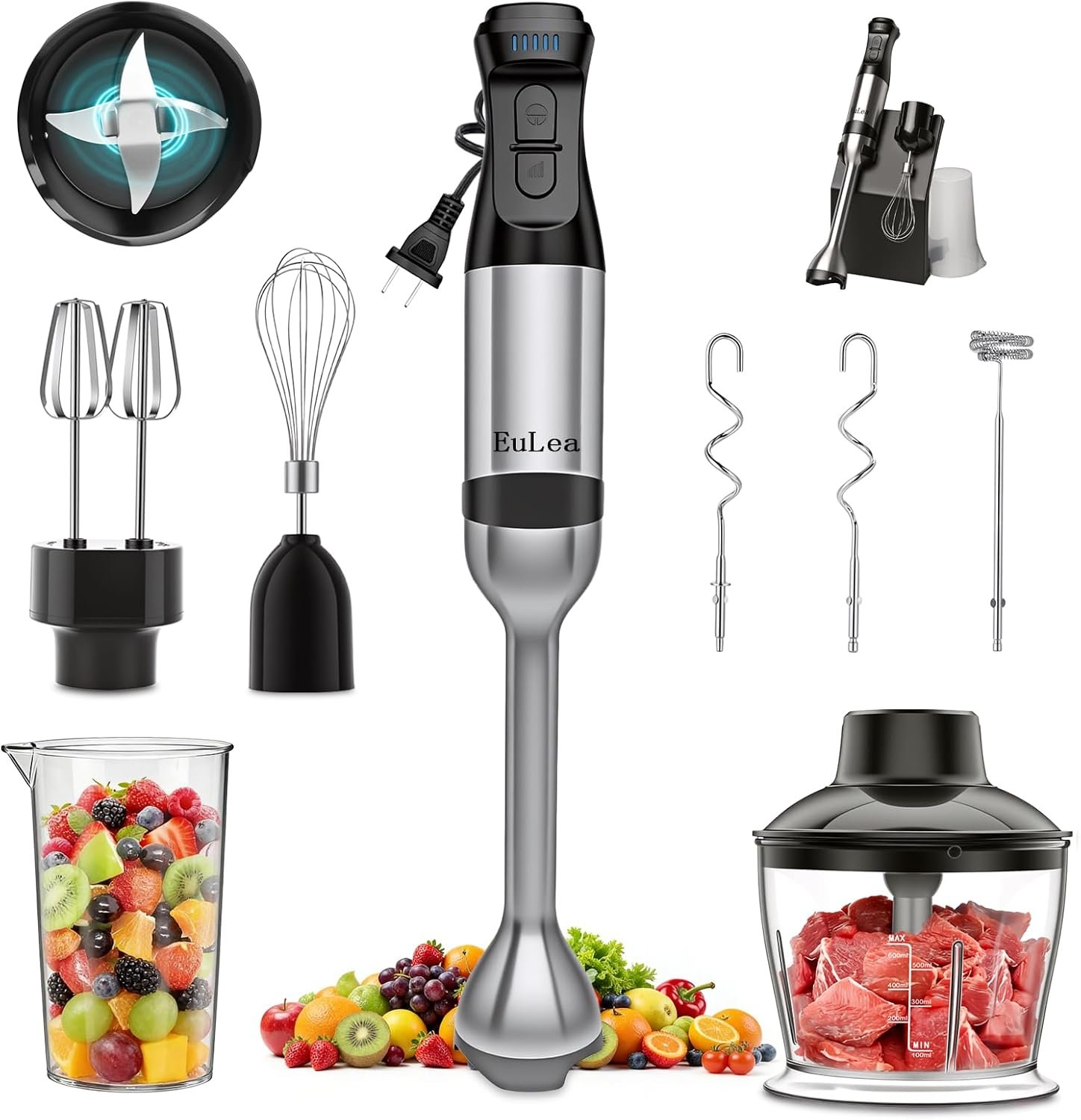 8-in-1 Hand Blender 1200W 5-Speed, Immersion Stick Blender Set | with Meat Grinder Dough Hooks Whisk Mixing Cup Storage Rack, for Smoothie Soup Puree Food Dough
