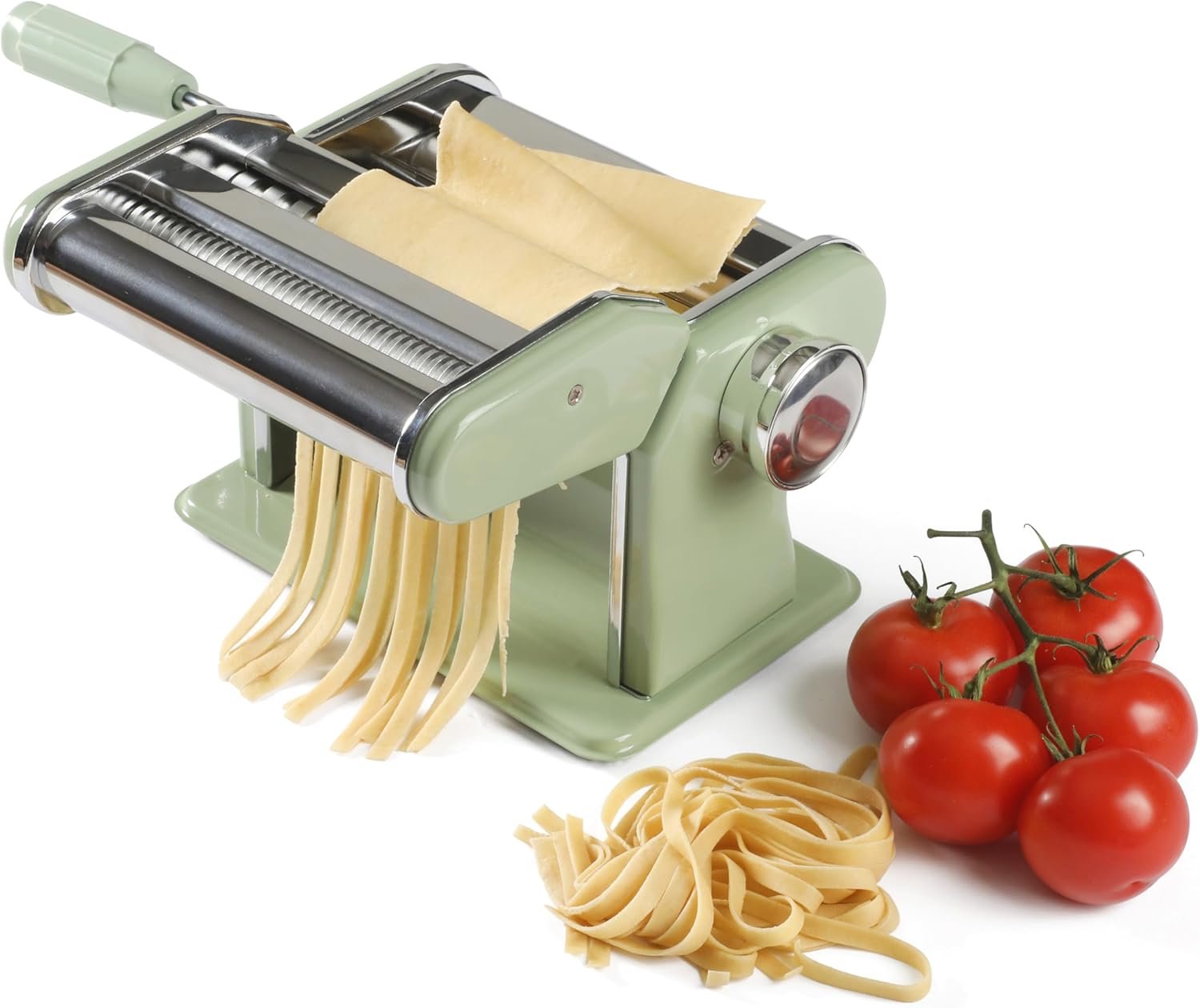 Sur La Table Kitchen Essential Va Bene Manual Pasta Maker Machine Noodle Maker w/Rollers & Cutters – Spaghetti, Fettuccini, Lasagna or Dumpling Skin – Stainless Steel/Juniper Green