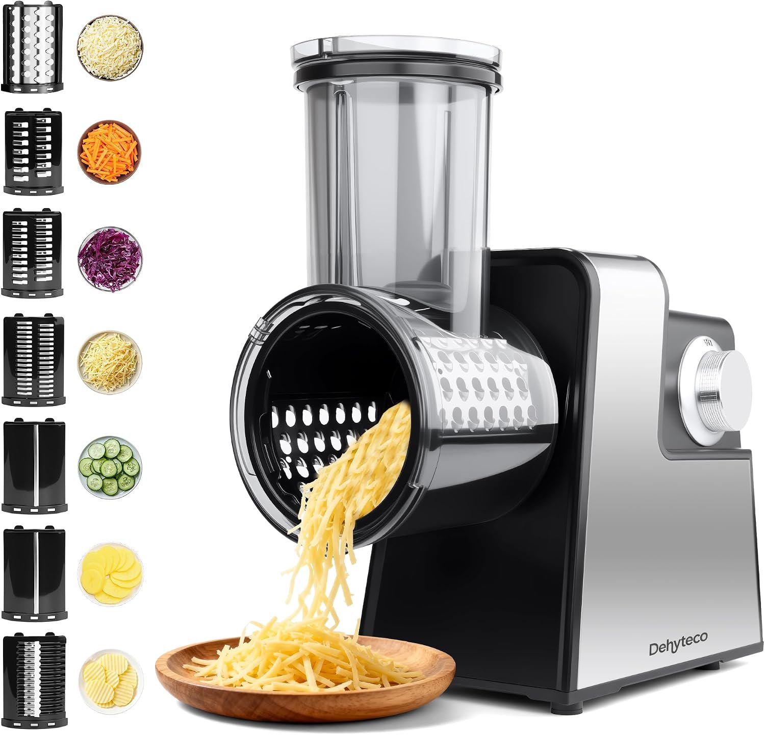 Electric Cheese Grater 7 in 1,Stainless Steel Salad Shooter,Slicer Shredder | 300W, Rotary Switch, for Block Cheese Vegetables Cucumber Carrot