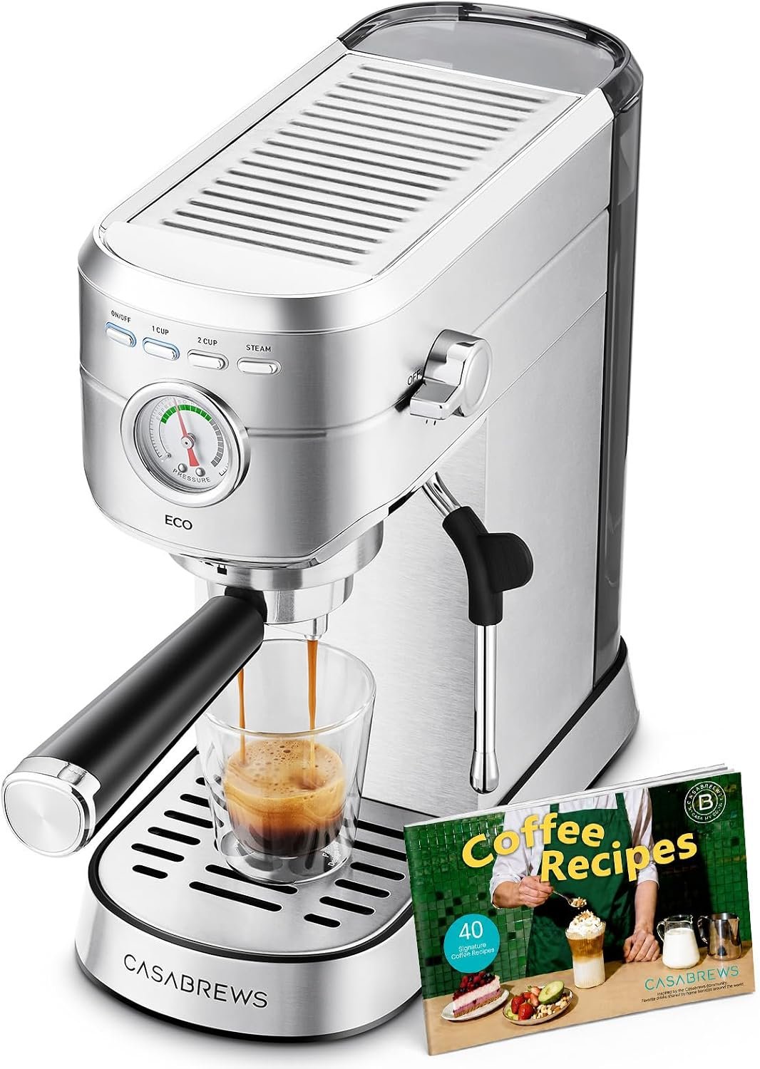CASABREWS PFAS-Free Espresso Machine with Milk Frother Steam Wand | Non-Toxic, Stainless Steel, 20-Bar, Built-in Pressure Gauge, Powerful Steam Wand for Cappuccino, Small, 34oz Water Tank