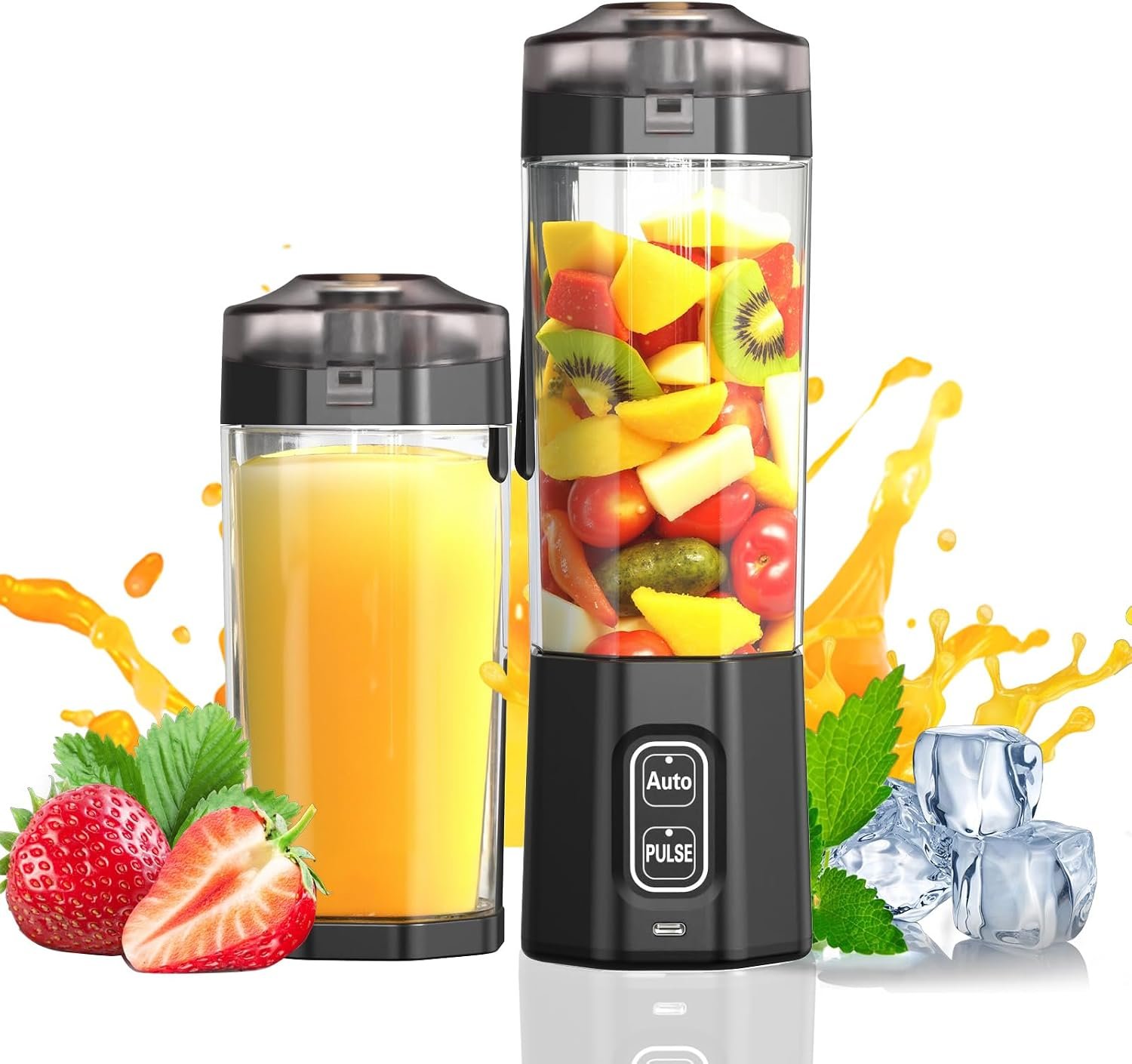 Portable Blender, 360 Watt Personal Blenders with Pulse Mode, Shakes and Smoothies, 6000mAh, BPA Free 24 Oz Blender Cup with 6 Blades and Lid, USB-C, Self Cleaning Portable Juicer For Travel, Black